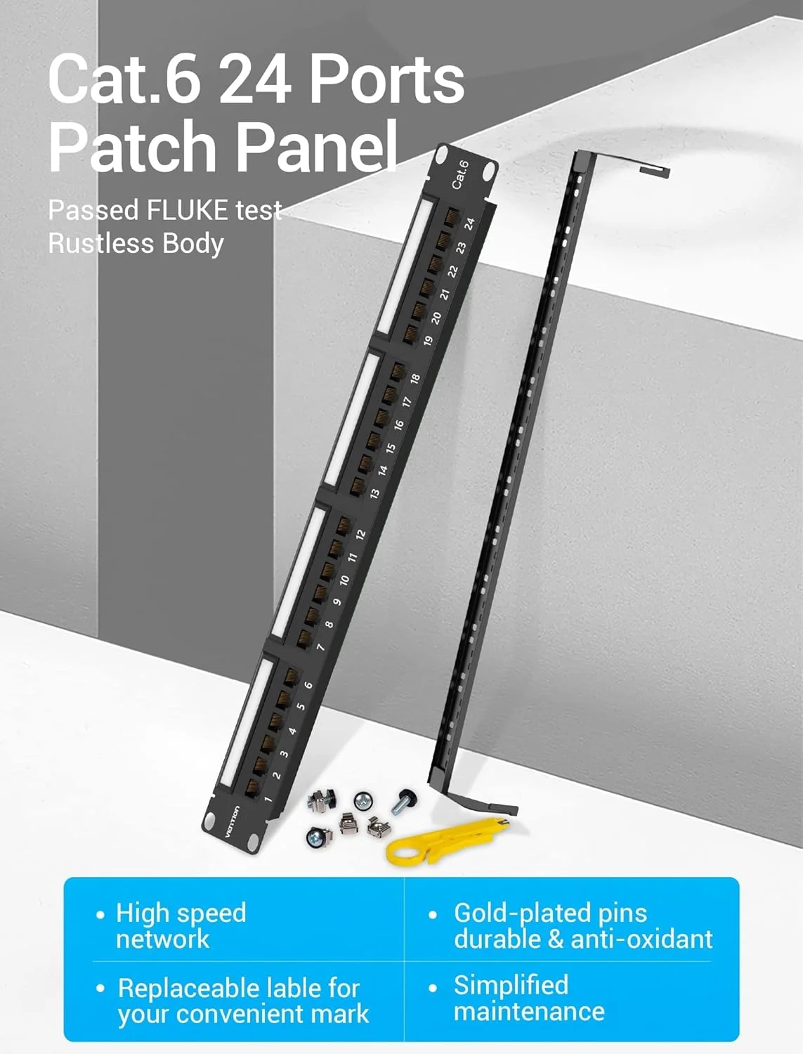 پچ پنل 24 پورت Cat.6 UTP ونتون، فریم توزیع شبکه (پچ پنل، 1 عدد)