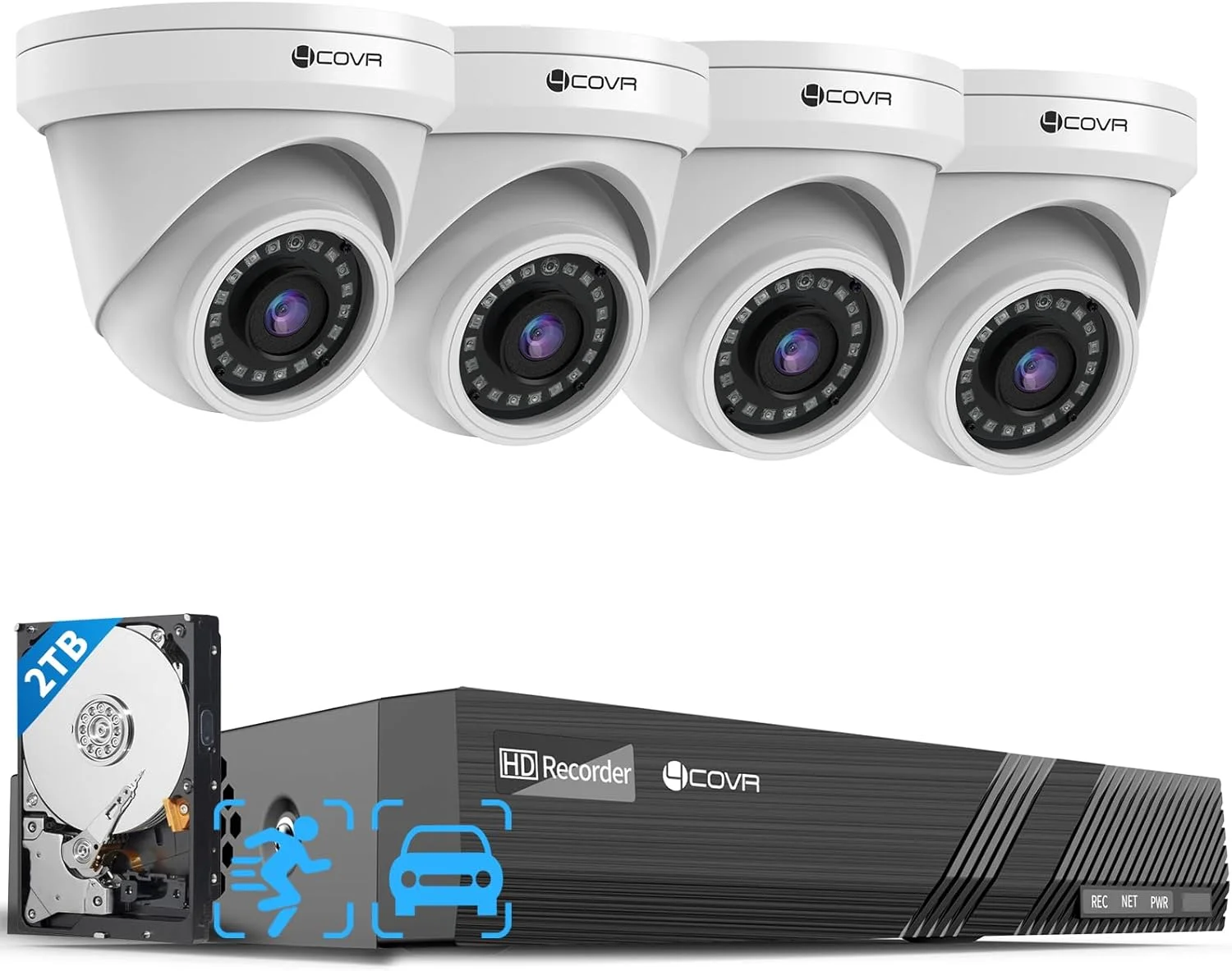 سیستم دوربین مداربسته امنیتی منزل 4COVR، تشخیص شخص و وسیله نقلیه و دید در شب، NVR هشت کاناله 8 مگاپیکسلی H.265 با 2 ترابایت هارد دیسک، 4 عدد دوربین دام PoE تحت شبکه 8 مگاپیکسلی سیمی با صدا، ضد آب و هوا IP67 مناسب فضای باز، LY97AX8M0804-1