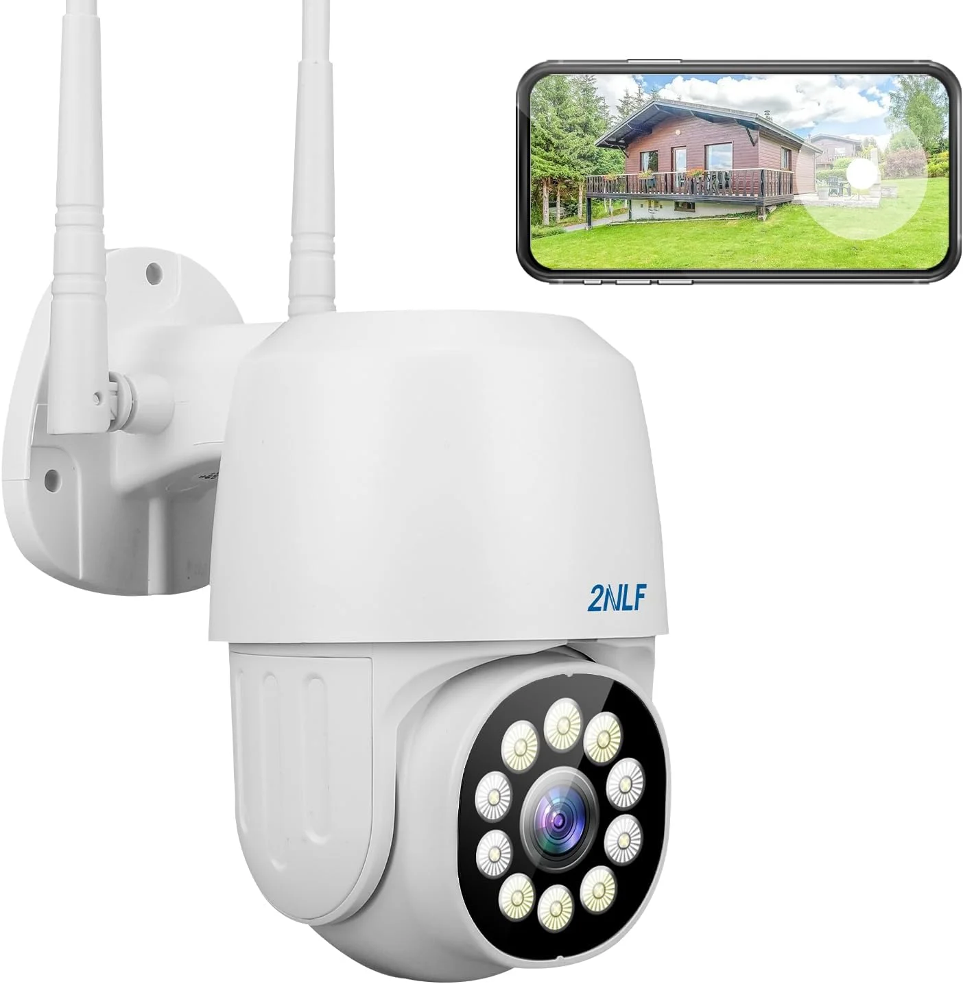 دوربین امنیتی فضای باز 2NLF 1080P برای خانه، دوربین امنیتی وای فای 2.4 گیگاهرتز با دید 360 درجه، تشخیص حرکت، ردیابی خودکار، صدای دو طرفه، دید در شب رنگی، ضد آب IP66