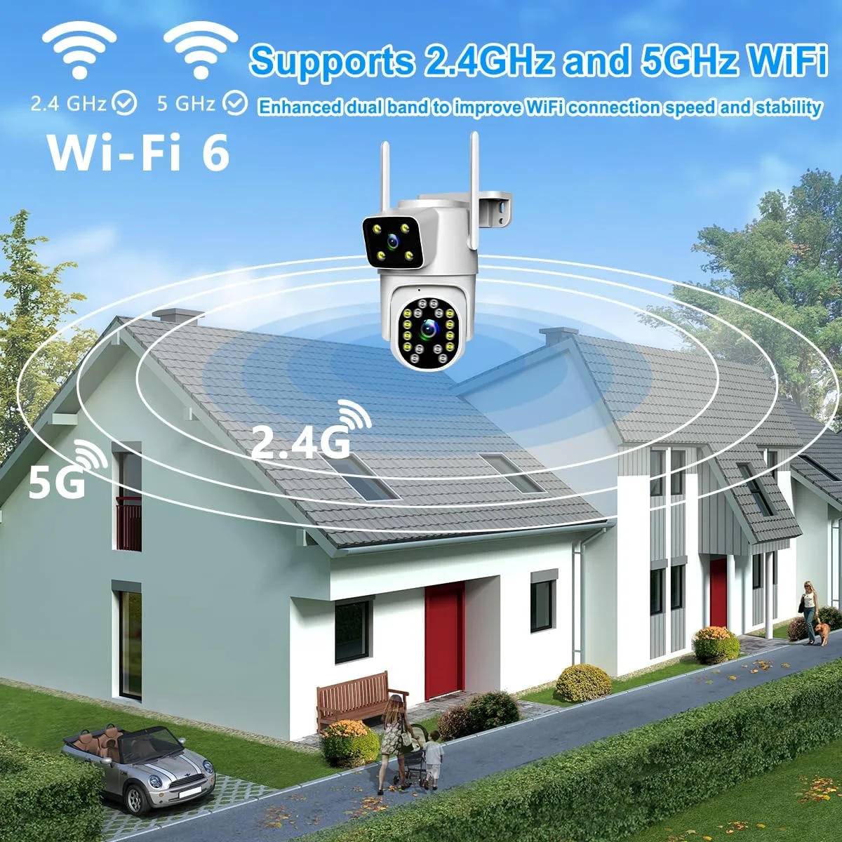 دوربین امنیتی دو لنز 2NLF برای فضای باز، وایرلس 5G/2.4G، دوربین امنیتی 4 مگاپیکسلی با دید 360 درجه، دید در شب رنگی، تشخیص حرکت، صدای دو طرفه، ذخیره سازی SD/Cloud، ضد آب IP66 دوربین امنیتی دو لنز 2NLF برای فضای باز، وایرلس 5G/2.4G، دوربین امنیتی 4 مگاپیکسلی با دید 360 درجه، دید در شب رنگی، تشخیص حرکت، صدای دو طرفه، ذخیره سازی SD/Cloud، ضد آب IP66