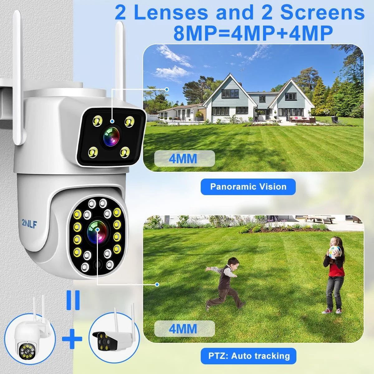 دوربین امنیتی دو لنز 2NLF برای فضای باز، وایرلس 5G/2.4G، دوربین امنیتی 4 مگاپیکسلی با دید 360 درجه، دید در شب رنگی، تشخیص حرکت، صدای دو طرفه، ذخیره سازی SD/Cloud، ضد آب IP66 دوربین امنیتی دو لنز 2NLF برای فضای باز، وایرلس 5G/2.4G، دوربین امنیتی 4 مگاپیکسلی با دید 360 درجه، دید در شب رنگی، تشخیص حرکت، صدای دو طرفه، ذخیره سازی SD/Cloud، ضد آب IP66