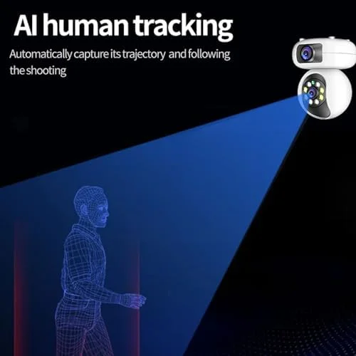 دوربین امنیتی داخلی 4 مگاپیکسلی دو لنز، دوربین امنیتی بی سیم وای فای برای خانه با دید در شب رنگی هوشمند، نظارت و ضبط همزمان دو لنز، هوش مصنوعی تشخیص انسان