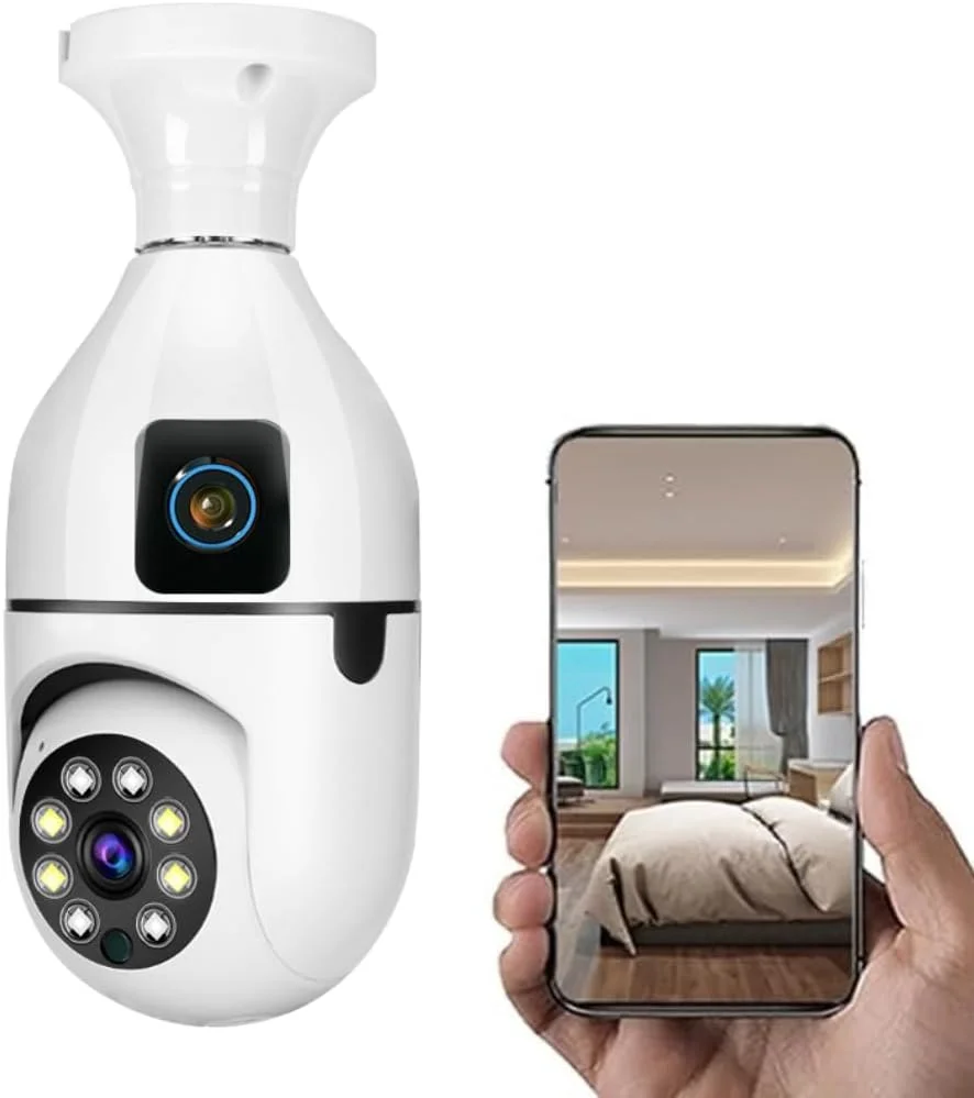 دوربین امنیتی لامپی وای فای دوگانه - دوربین مداربسته وای فای 360 درجه برای خانه - دید در شب 1440P HD، تشخیص حرکت - صدای دو طرفه، ردیابی خودکار - دوربین امنیتی سرپیچ لامپ - نصب آسان و مشاهده از راه دور