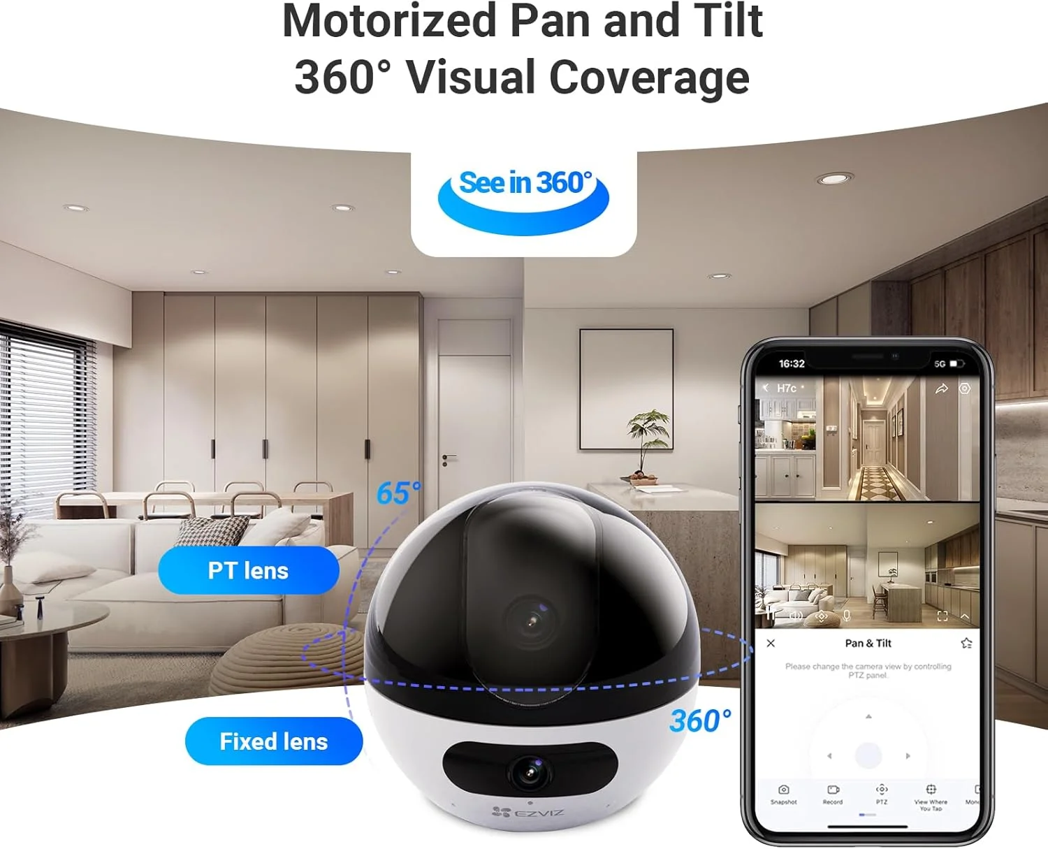 دوربین مداربسته خانگی EZVIZ C7 Dual Lens 2K+، مانیتور 360 درجه کودک، دید در شب رنگی، تشخیص انسان و حیوان خانگی، ردیابی خودکار، تماس دو طرفه، حالت گشت زنی، کنترل الکسا و گوگل، پشتیبانی از حافظه 512 گیگابایتی