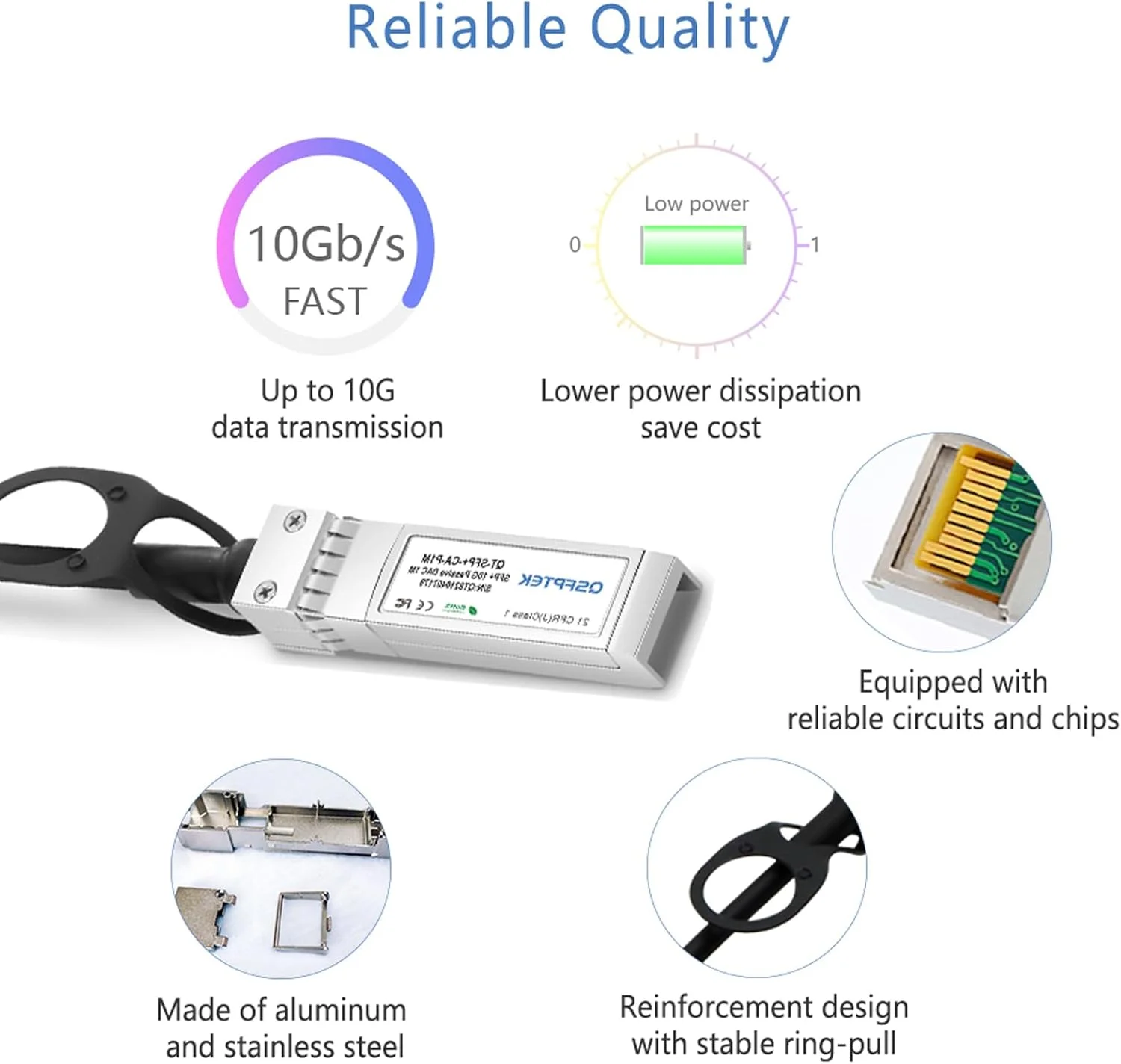 کابل مسی اتصال مستقیم Twinax پسیو QSFPTEK 10G SFP+ DAC، 3 متری (10 فوت) برای دستگاه‌های سوئیچ باز، میکروتیک، نت‌گیر، دی-لینک، یوبیکیوتی، سیسکو SFP-H10GB-CU3M