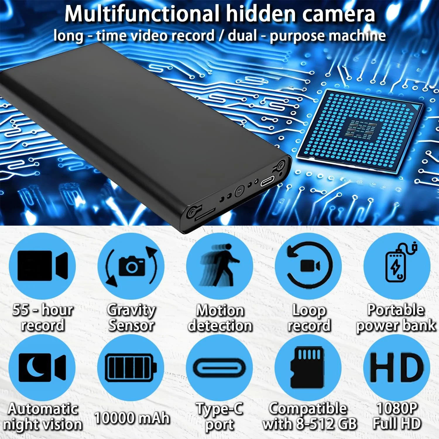 دوربین امنیتی خانگی - دوربین مداربسته 1080P - دوربین داخلی قابل حمل، با ظرفیت 10000، دو منظوره، تشخیص حرکت، دید در شب خودکار، ضبط چرخه‌ای، عملکرد حسگر گرانشی، حداکثر 512 گیگابایت