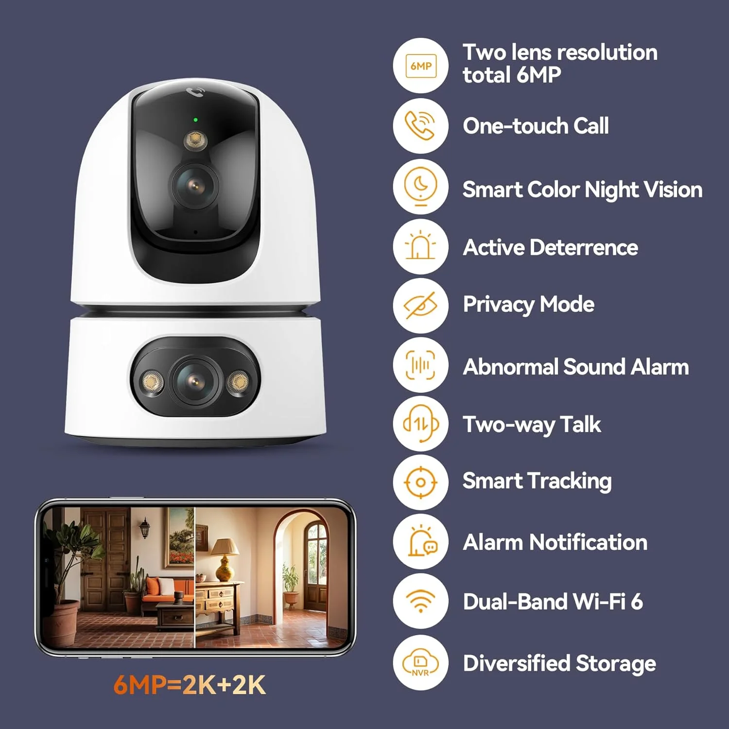 دوربین امنیتی دوگانه 6 مگاپیکسلی ایمو برای خانه با دکمه تماس، مانیتور کودک 2K HD داخلی با دید در شب رنگی/ صدای دو طرفه/ ردیابی تشخیص هوش مصنوعی انسان، دوربین خانگی حیوانات خانگی CCTV Wi-Fi6 دو بانده سازگار با الکسا