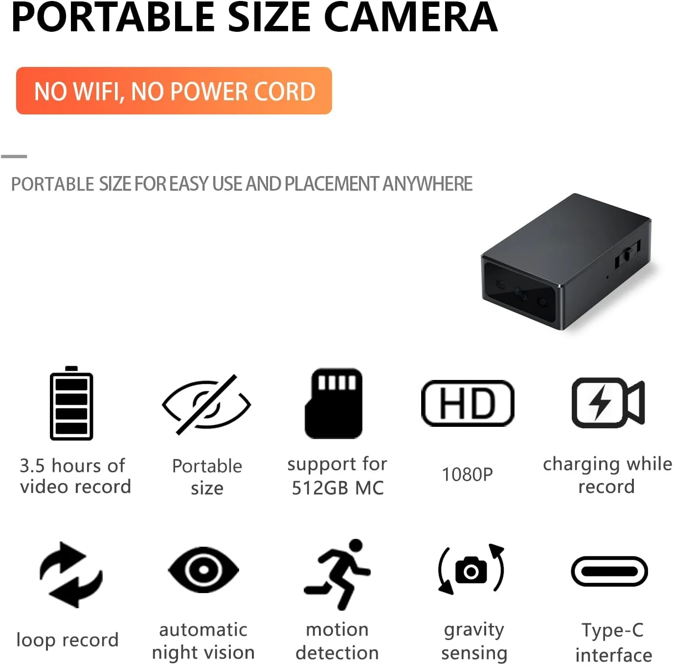 دوربین امنیتی خانگی JINGRONGHUA، HD 1080P، دوربین قابل حمل، دوربین پرستار بچه داخلی، با دید در شب، تشخیص حرکت، ضبط چرخه‌ای، حسگر گرانش، حداکثر 512 گیگابایت، بدون وای‌فای