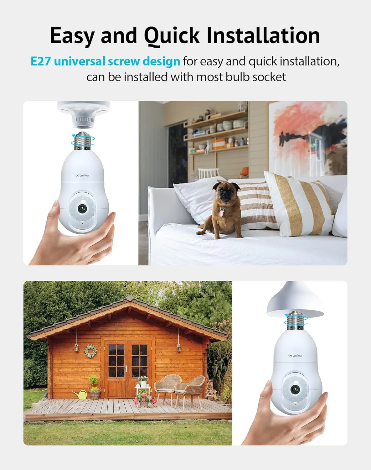 دوربین امنیتی لامپی LaView 4MP 2.4GHz، دوربین های امنیتی 360 درجه 2K بی سیم مناسب فضای باز و داخل خانه، دید کامل رنگی در روز و شب، تشخیص حرکت، آلارم صوتی، نصب آسان، سازگار با الکسا (بسته 2 عددی)