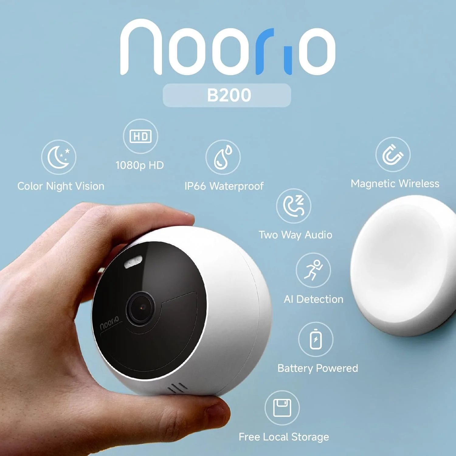 کیت دو دوربینه Noorio B200 با هاب، سیستم دوربین مداربسته بی‌سیم برای خانه، دوربین‌های 1080p داخلی/خارجی، با باتری، فعال‌سازی با حرکت، دید در شب رنگی، سازگار با الکسا