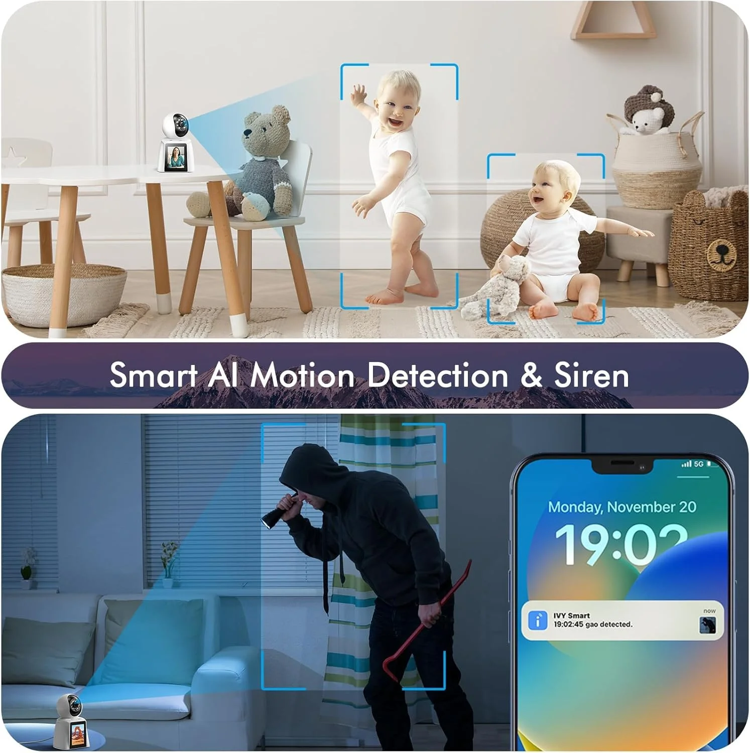 دوربین امنیتی خانگی 2K NALACAL، مانیتور وای فای برای کودک/سالمند/بچه/پرستار، ویدیو دو طرفه/برنامه تلفن، دوربین حیوانات خانگی، تشخیص حرکت، آژیر هوشمند، چرخش-شیب، دید در شب، ذخیره سازی ابری و SD