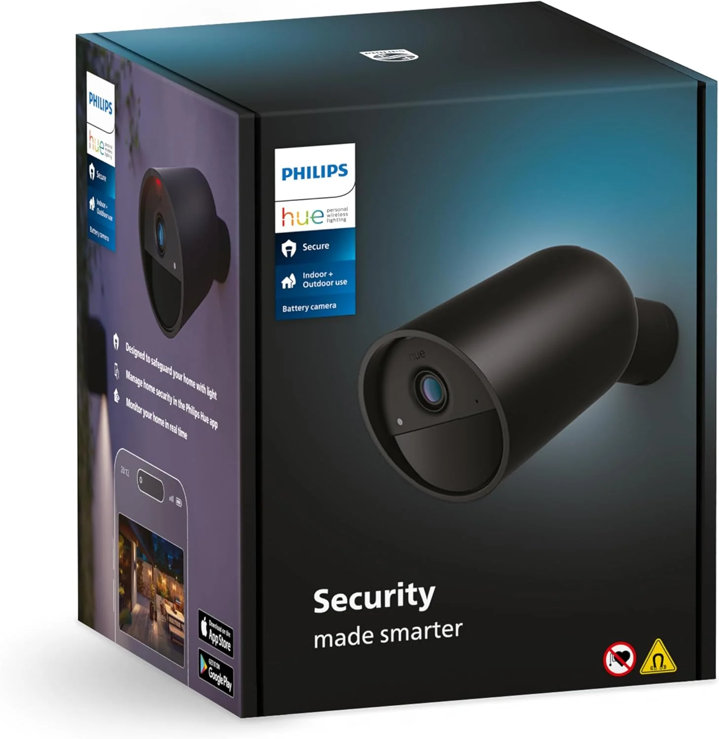 دوربین هوشمند امنیتی با باتری Philips Hue Secure، کیفیت 1080p، مناسب فضای داخلی و خارجی، نصب آسان، قابلیت مکالمه دو طرفه، سازگار با Security Center در اپلیکیشن Hue، رنگ مشکی