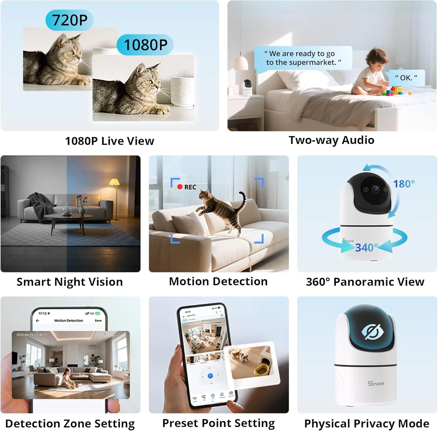 دوربین امنیتی داخلی 1080P سونوف CAM-PT2، دوربین وای فای با قابلیت چرخش و دید 360 درجه، ردیابی حرکت، دید در شب رنگی، صدای دو طرفه، حالت حریم خصوصی، سازگار با الکسا و گوگل هوم