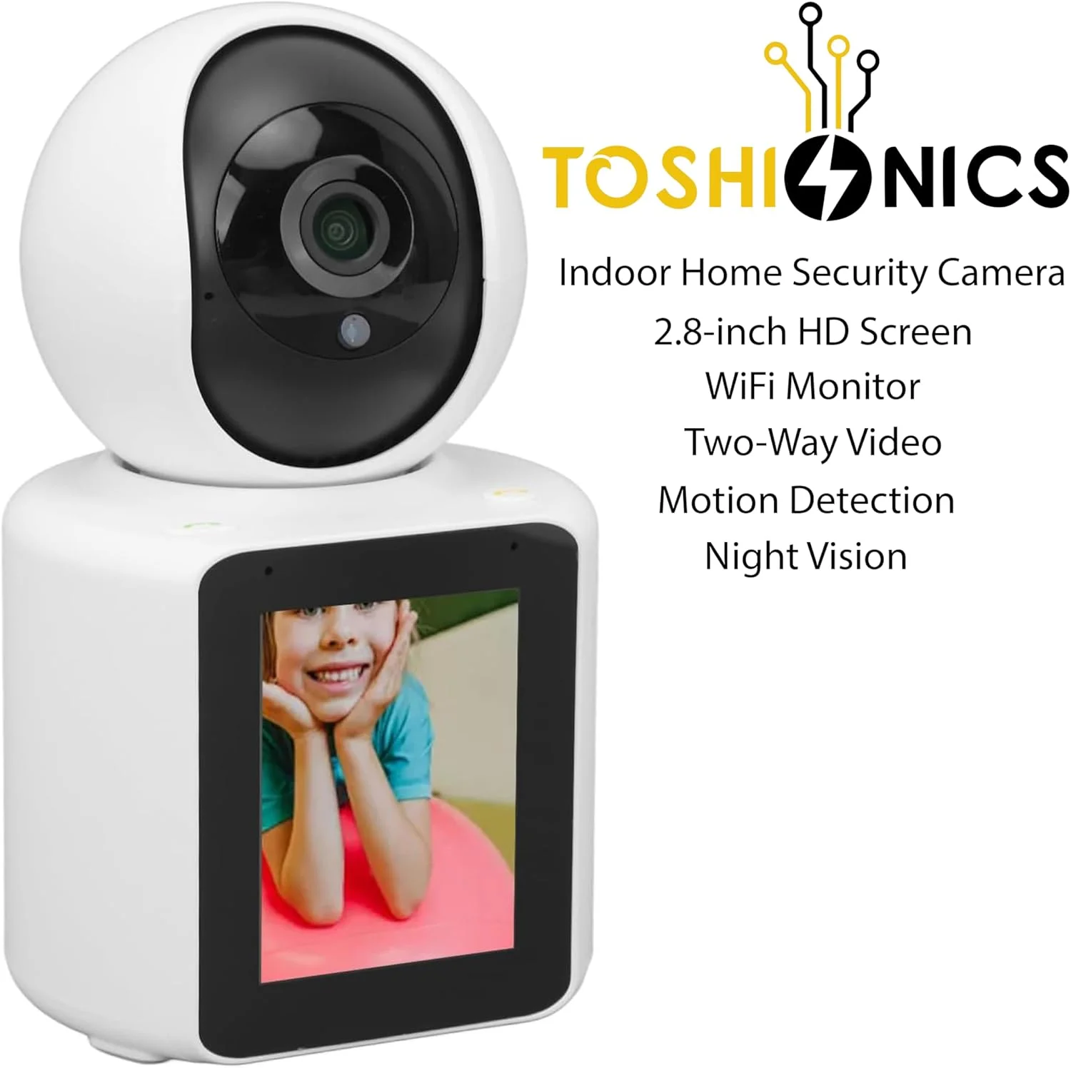 دوربین امنیتی داخلی خانه توشیونیکس با صفحه نمایش 2.8 اینچی HD، مانیتور وای فای، ویدیوی دو طرفه، تشخیص حرکت، آژیر هوشمند، چرخش افقی-عمودی، دید در شب، ایده آل برای کودک/سالمند/پرستار/حیوان خانگی