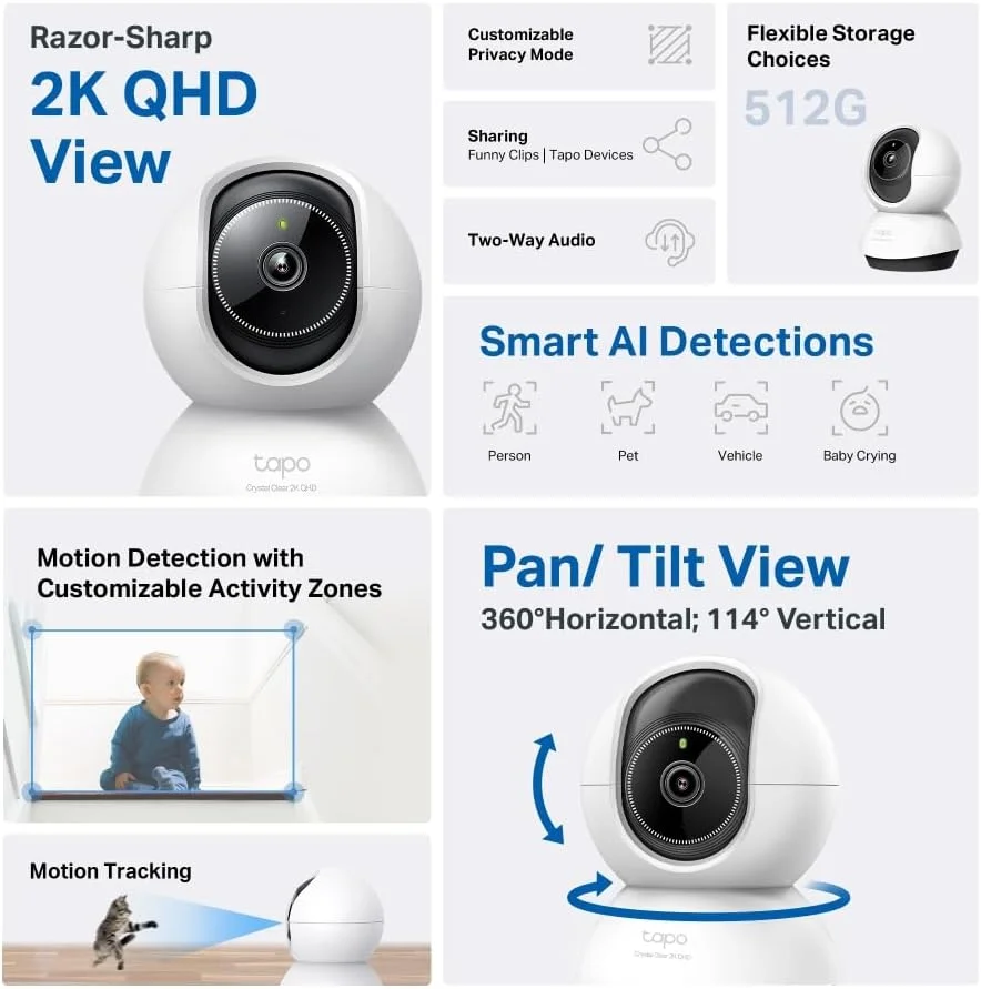 دوربین مداربسته چرخشی 2K 4MP TP-Link Tapo با دید 360 درجه، تشخیص هوش مصنوعی انسان، حیوان خانگی، وسیله نقلیه و گریه کودک، دید در شب، صدای دو طرفه، ذخیره سازی امن و کنترل از طریق Google Assistant و Alexa (TC72)