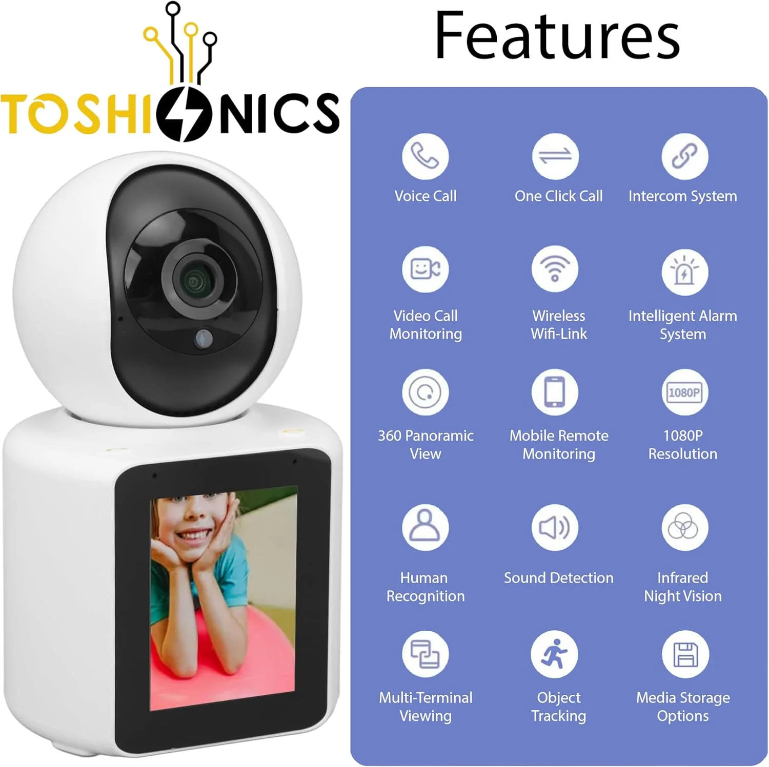 دوربین امنیتی داخلی خانه توشیونیکس با صفحه نمایش 2.8 اینچی HD، مانیتور وای فای، ویدیوی دو طرفه، تشخیص حرکت، آژیر هوشمند، چرخش افقی-عمودی، دید در شب، ایده آل برای کودک/سالمند/پرستار/حیوان خانگی