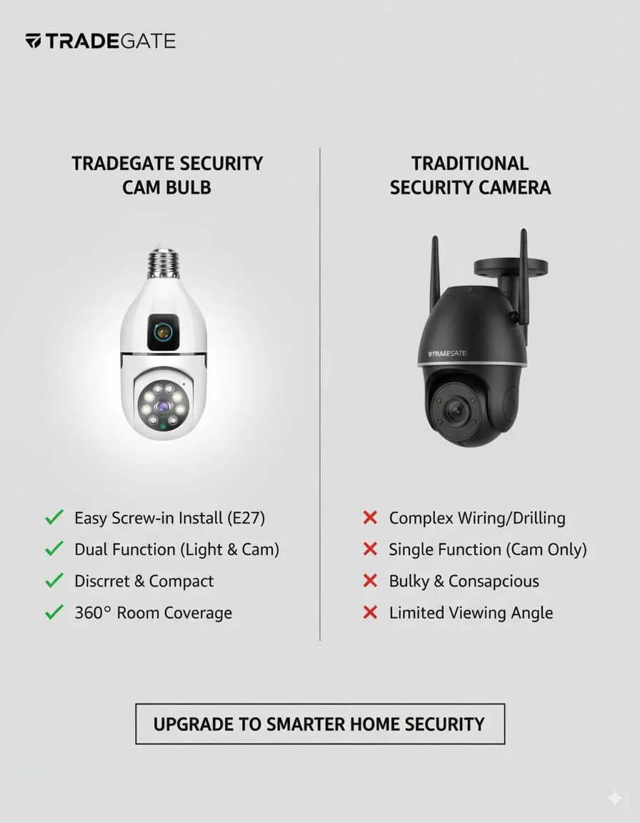 دوربین لامپی هوشمند TRADEGATE E27 با قابلیت اتصال به وای فای، دوربین مداربسته امنیتی، نورپردازی، کیفیت 1080P HD | تشخیص حرکت، دید در شب، صدای دو طرفه، نمای پانورامای 360 درجه، استفاده آسان در فضای داخلی و خارجی