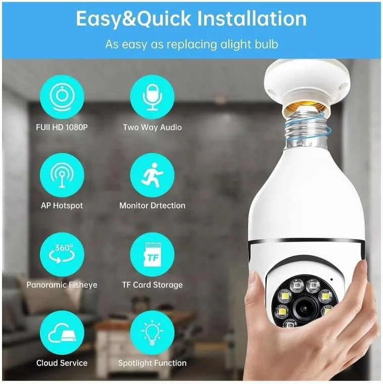 دوربین امنیتی بی سیم 360 درجه با قابلیت نصب لامپ – وای فای دو بانده (2.4 گیگاهرتز و 5 گیگاهرتز)، کیفیت 1080p HD، تشخیص حرکت – مناسب برای استفاده در داخل و خارج از منزل