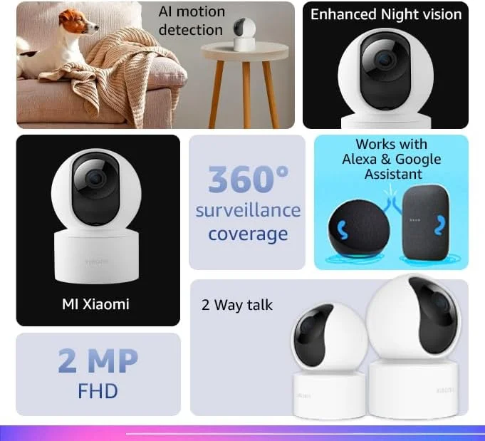 دوربین امنیتی خانه شیائومی مدل 2i نسخه 2022 | تصویر Full HD | دید 360 درجه | 2 مگاپیکسل | تشخیص حرکت با هوش مصنوعی | دید در شب پیشرفته | قابلیت مکالمه دو طرفه، 1080p، سفید