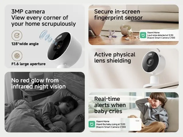 دوربین هوشمند شیائومی C100، دوربین امنیتی 2K داخلی، دید 360 درجه، دید در شب، صدای دو طرفه، تشخیص حرکت، سازگار با الکسا