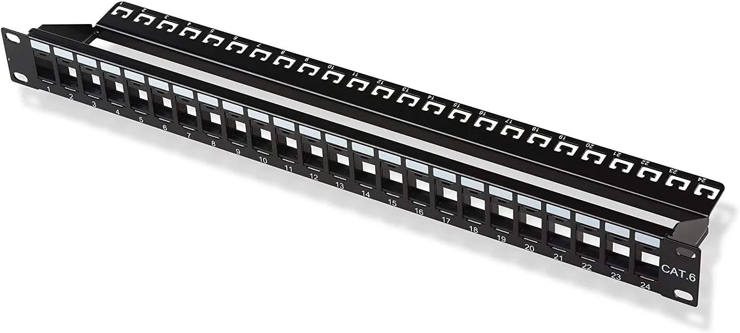 پنل پچ 24 پورت Cat6 DKURVE (پنل پچ خالی) و کیستون جک Cat6 RJ45 180 درجه به رنگ سفید به همراه مینی سیم لخت کن و پایه پانچ (پنل خالی با 12 کیستون جک)
