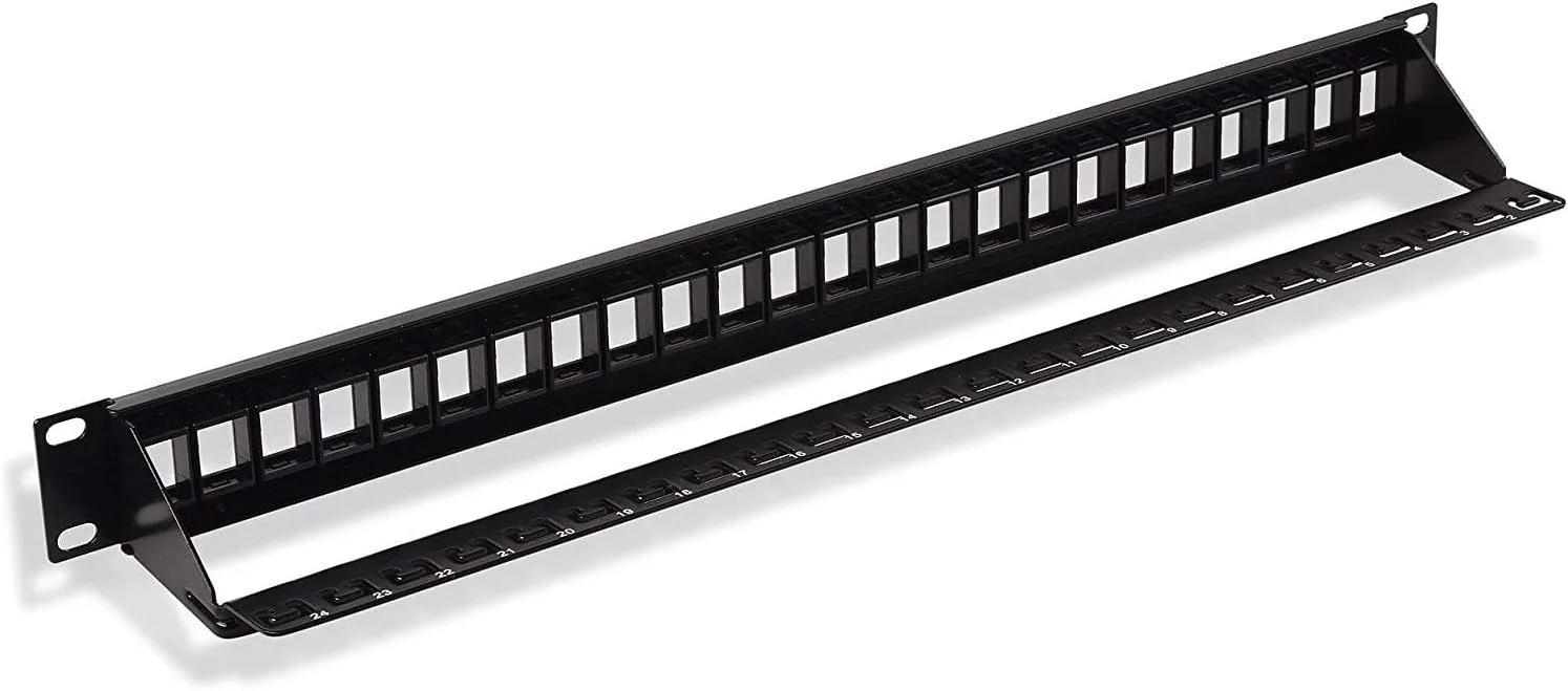 پنل پچ 24 پورت Cat6 DKURVE (پنل پچ خالی) و کیستون جک Cat6 RJ45 180 درجه به رنگ سفید به همراه مینی سیم لخت کن و پایه پانچ (پنل خالی با 12 کیستون جک)