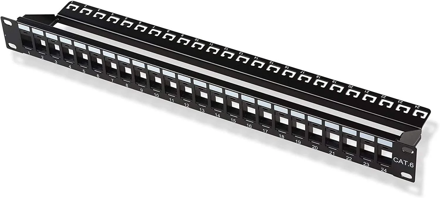 پنل پچ 24 پورت Cat6 DKURVE (پنل پچ خالی) و کیستون جک Cat6 RJ45 180 درجه به رنگ سفید به همراه مینی سیم لخت کن و پایه پانچ (پنل خالی با 12 کیستون جک)