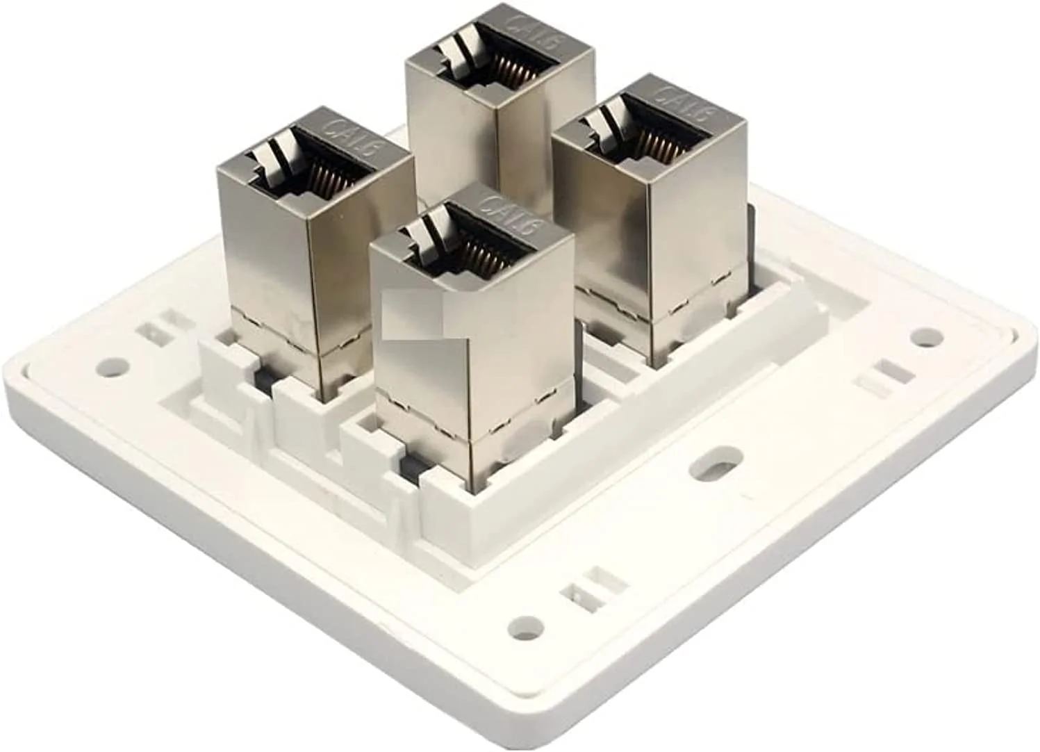 پریز دیواری شبکه CAT6 RJ45 با 4 پورت، محافظ دار، سوکت شبکه CAT.6، صفحه کلید Keystone، اندازه 86x86mm، رنگ سفید