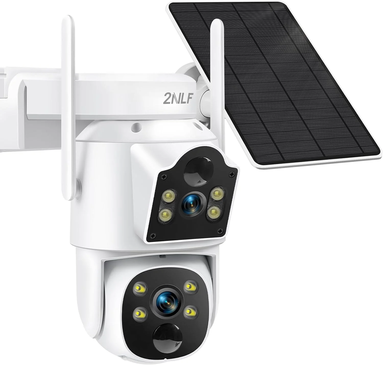 دوربین امنیتی خورشیدی بی‌سیم 2NLF با لنز دوگانه، دوربین امنیتی وای فای 6 مگاپیکسلی با باتری 9000 میلی آمپر، دید 360 درجه، دید در شب رنگی، صدای دو طرفه، سنسور PIR، ضد آب IP66