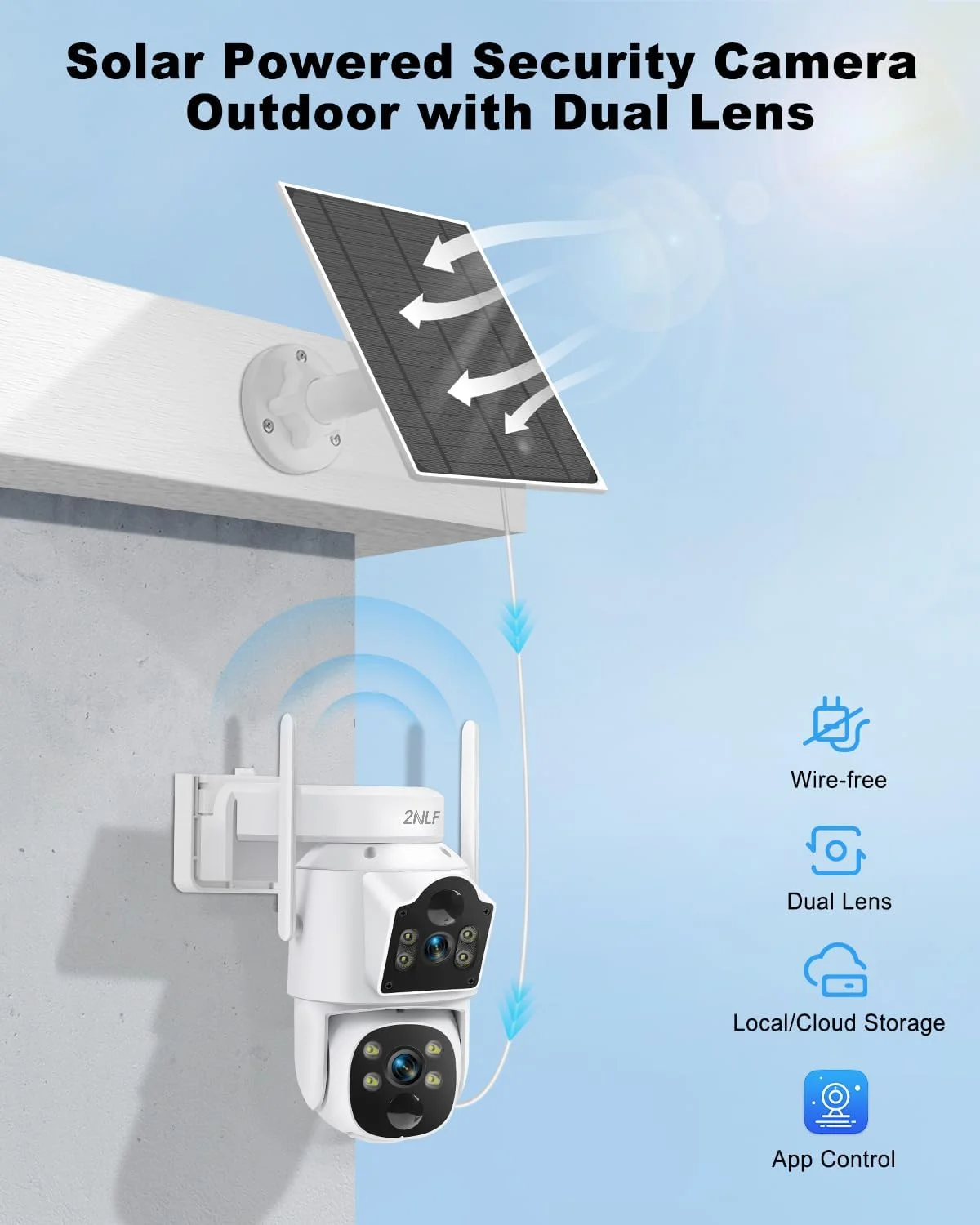 دوربین امنیتی خورشیدی بیسیم 2NLF با لنز دوگانه، دوربین امنیتی وای فای 6 مگاپیکسلی با باتری 9000 میلی آمپر، دید 360 درجه، دید در شب رنگی، صدای دو طرفه، سنسور PIR، ضد آب IP66 دوربین امنیتی خورشیدی بیسیم 2NLF با لنز دوگانه، دوربین امنیتی وای فای 6 مگاپیکسلی با باتری 9000 میلی آمپر، دید 360 درجه، دید در شب رنگی، صدای دو طرفه، سنسور PIR، ضد آب IP66