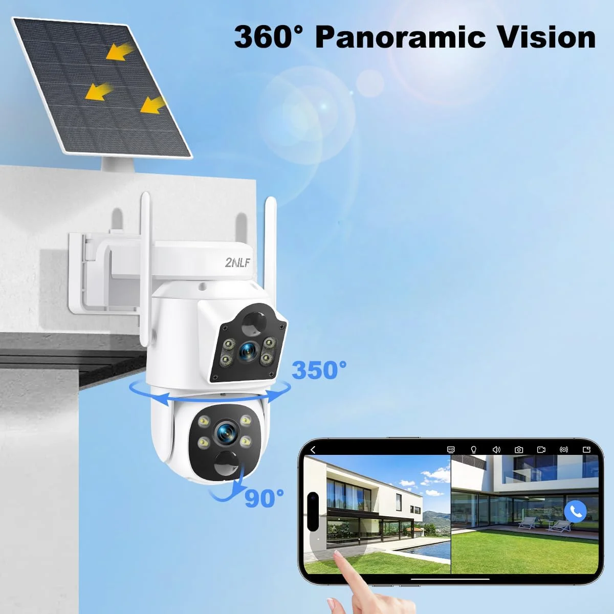 دوربین امنیتی خورشیدی بیسیم 2NLF با لنز دوگانه، دوربین امنیتی وای فای 6 مگاپیکسلی با باتری 9000 میلی آمپر، دید 360 درجه، دید در شب رنگی، صدای دو طرفه، سنسور PIR، ضد آب IP66 دوربین امنیتی خورشیدی بیسیم 2NLF با لنز دوگانه، دوربین امنیتی وای فای 6 مگاپیکسلی با باتری 9000 میلی آمپر، دید 360 درجه، دید در شب رنگی، صدای دو طرفه، سنسور PIR، ضد آب IP66
