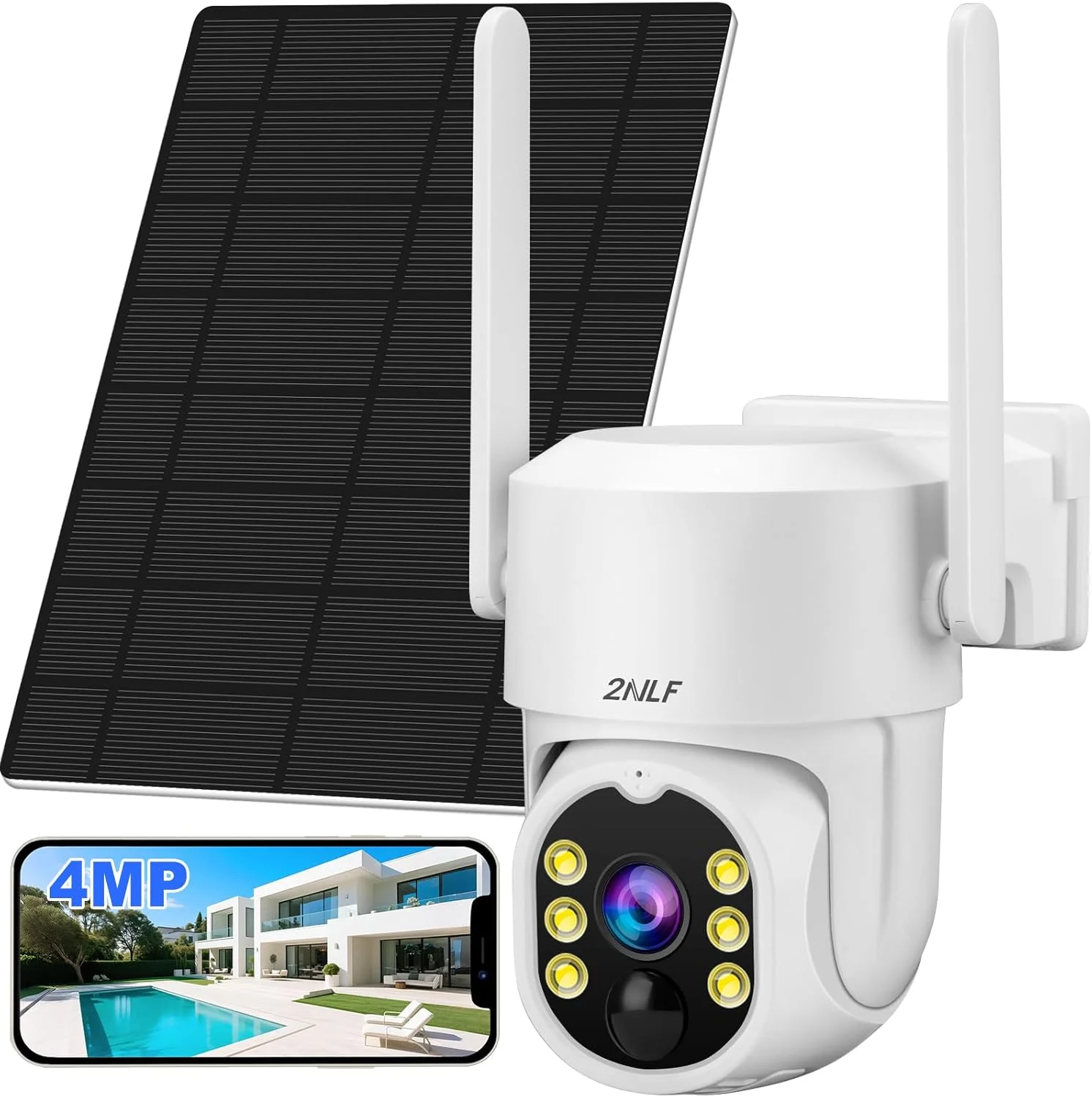 دوربین امنیتی خورشیدی بی‌سیم 2NLF برای فضای باز با وای‌فای 2.4 گیگاهرتز / 5 گیگاهرتز، دوربین 4 مگاپیکسلی 360 درجه با باتری برای امنیت خانه با نورافکن، دید در شب رنگی، ردیابی تشخیص حرکت، صدای دو طرفه