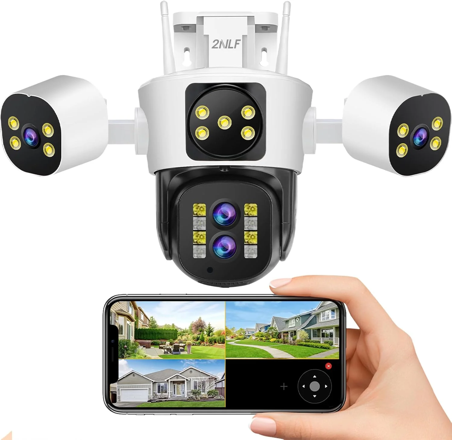 دوربین امنیتی 4 مگاپیکسلی 2NLF برای فضای باز با 4 لنز، دوربین امنیتی PTZ بی سیم با دید 360 درجه، زوم اپتیکال 10X، دید در شب رنگی، تشخیص حرکت و صدای دو طرفه، ضد آب IP66