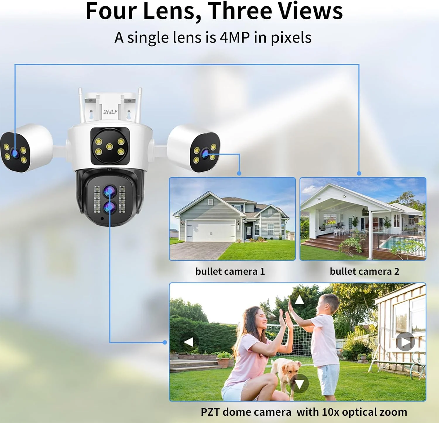 دوربین امنیتی 4 مگاپیکسلی 2NLF برای فضای باز با 4 لنز، دوربین امنیتی PTZ بی سیم با دید 360 درجه، زوم اپتیکال 10X، دید در شب رنگی، تشخیص حرکت و صدای دو طرفه، ضد آب IP66 دوربین امنیتی 4 مگاپیکسلی 2NLF برای فضای باز با 4 لنز، دوربین امنیتی PTZ بی سیم با دید 360 درجه، زوم اپتیکال 10X، دید در شب رنگی، تشخیص حرکت و صدای دو طرفه، ضد آب IP66