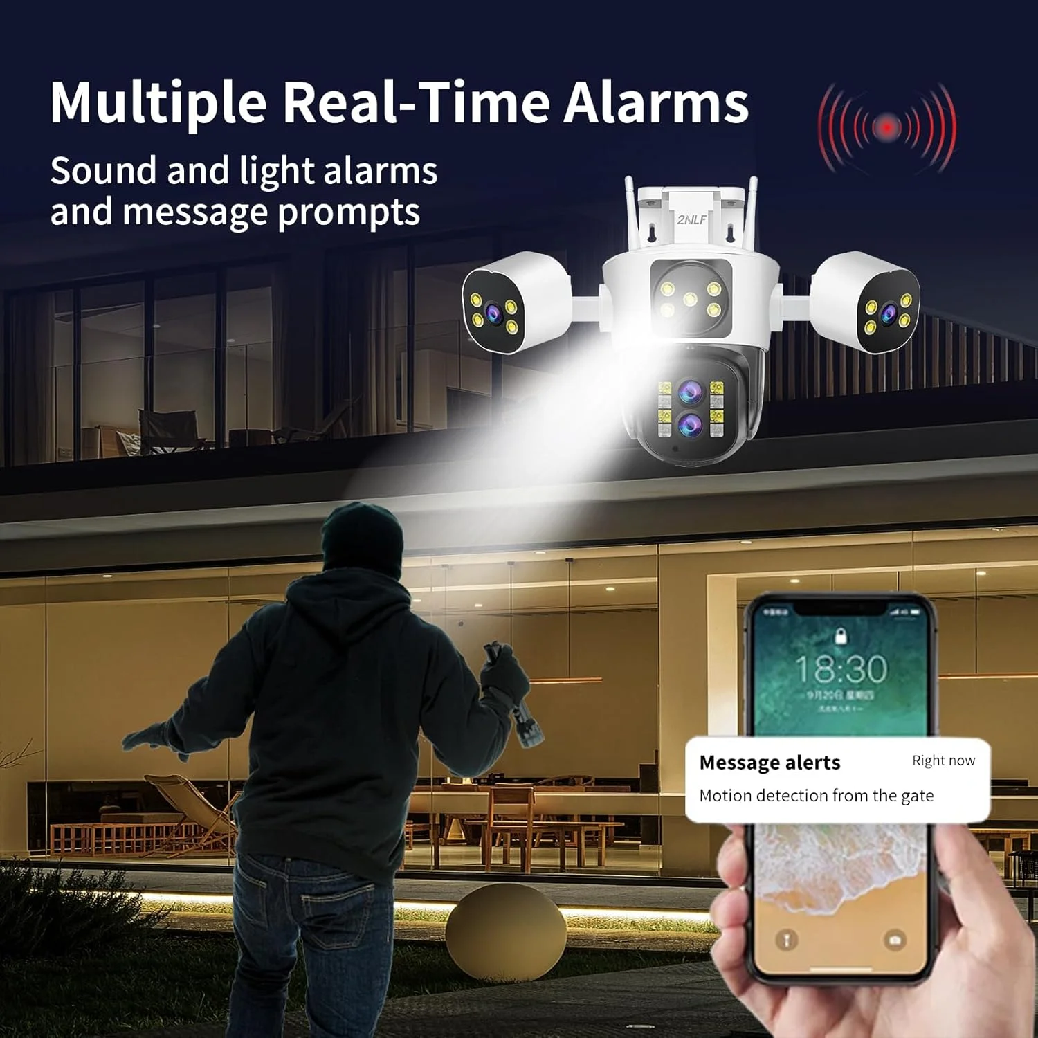 دوربین امنیتی 4 مگاپیکسلی 2NLF برای فضای باز با 4 لنز، دوربین امنیتی PTZ بی سیم با دید 360 درجه، زوم اپتیکال 10X، دید در شب رنگی، تشخیص حرکت و صدای دو طرفه، ضد آب IP66 دوربین امنیتی 4 مگاپیکسلی 2NLF برای فضای باز با 4 لنز، دوربین امنیتی PTZ بی سیم با دید 360 درجه، زوم اپتیکال 10X، دید در شب رنگی، تشخیص حرکت و صدای دو طرفه، ضد آب IP66