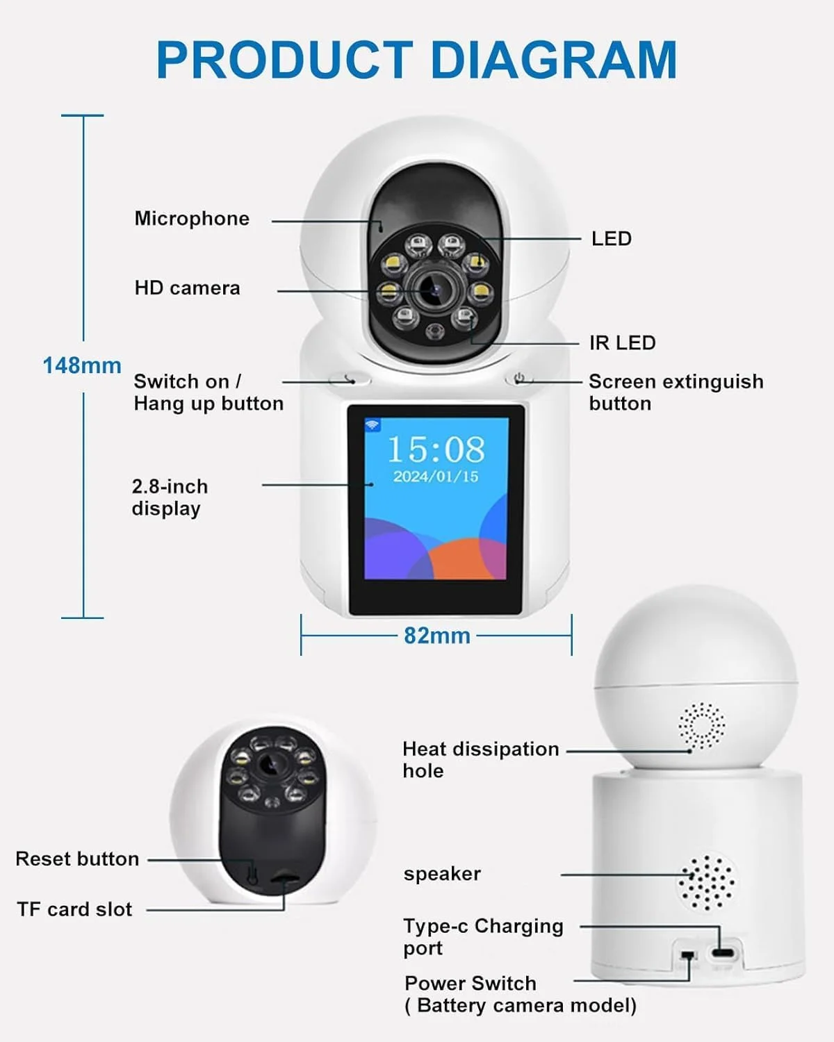 دوربین امنیتی داخلی 4K HD - دوربین 360 درجه برای حیوانات خانگی/کودک/پرستار بچه با دید در شب، صدای دو طرفه و هشدارهای حرکتی، کنترل از طریق اپلیکیشن