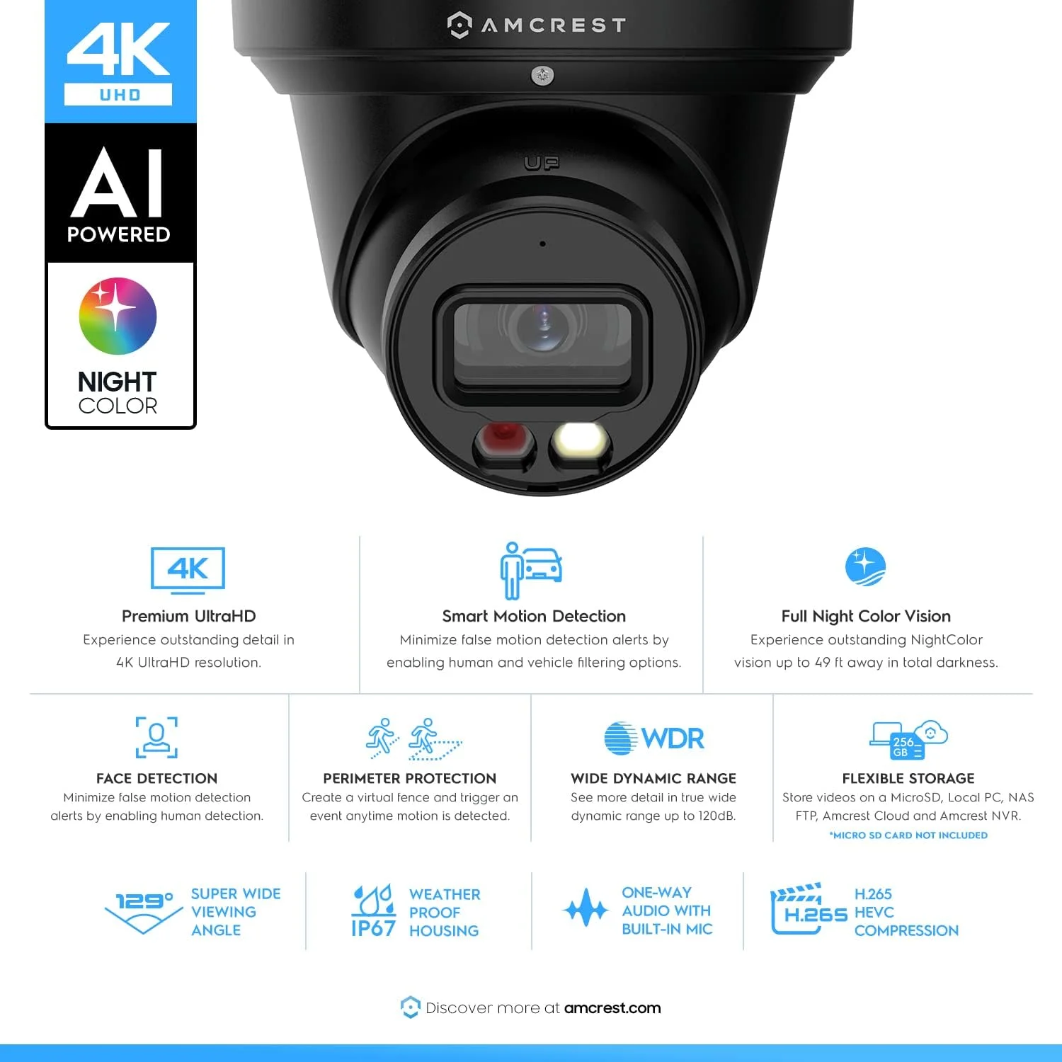 دوربین تحت شبکه 4K دید در شب رنگی Amcrest مدل IP8M-2779EB-AI (مشکی) با هوش مصنوعی، میکروفون داخلی، تشخیص انسان، حفاظت از محیط، زاویه دید 129 درجه و قابلیت PoE