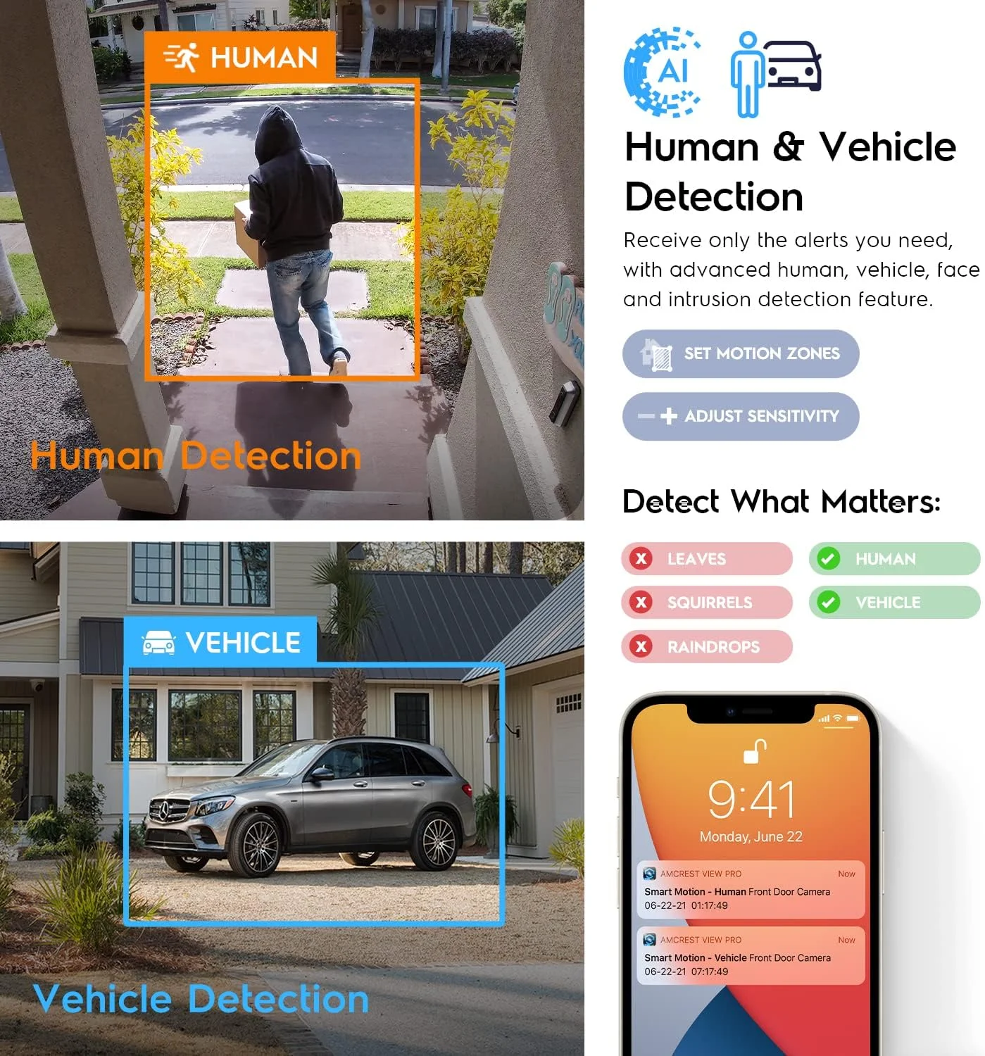 دوربین تحت شبکه 4K دید در شب رنگی Amcrest مدل IP8M-2779EB-AI (مشکی) با هوش مصنوعی، میکروفون داخلی، تشخیص انسان، حفاظت از محیط، زاویه دید 129 درجه و قابلیت PoE
