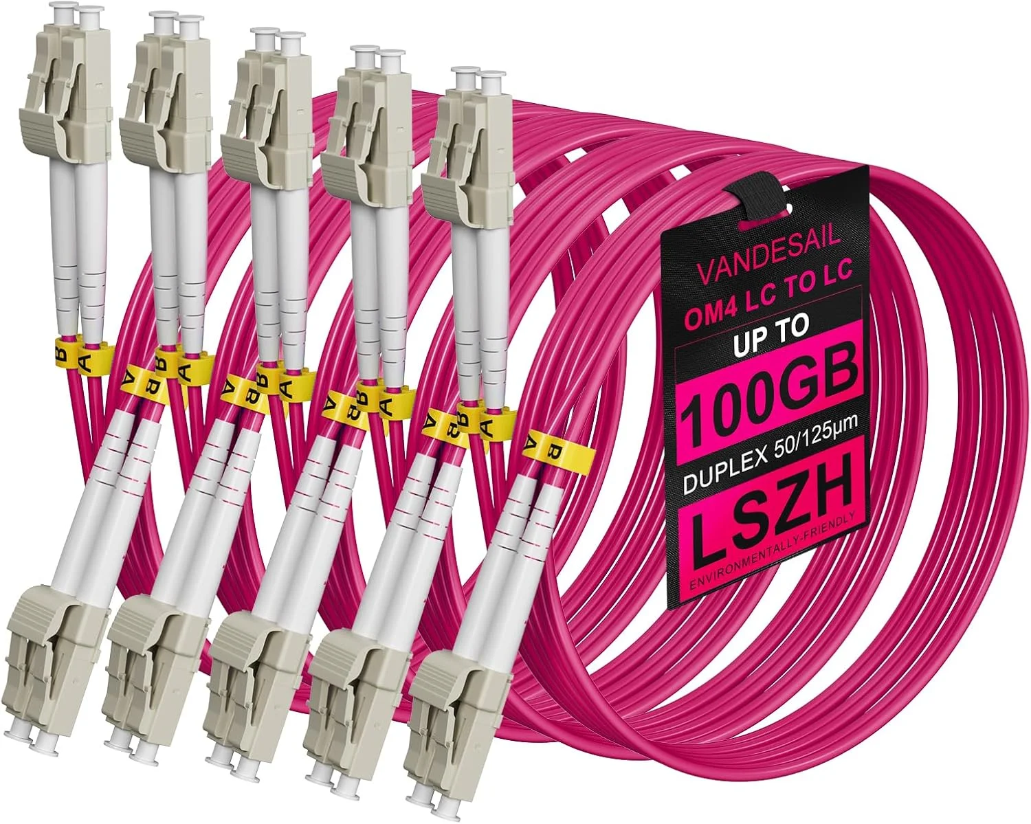 کابل فیبر نوری VANDESAIL، LC به LC، نوع 0M4، بسته 5 عددی، مناسب برای انتقال داده با سرعت 1/10/40/100 گیگابیت بر ثانیه، فیبر نوری چند حالته MM LC-LC دوبلکس LSZH 50/125µm برای فرستنده گیرنده QSFP - طول 2 متر، بسته 5 عددی