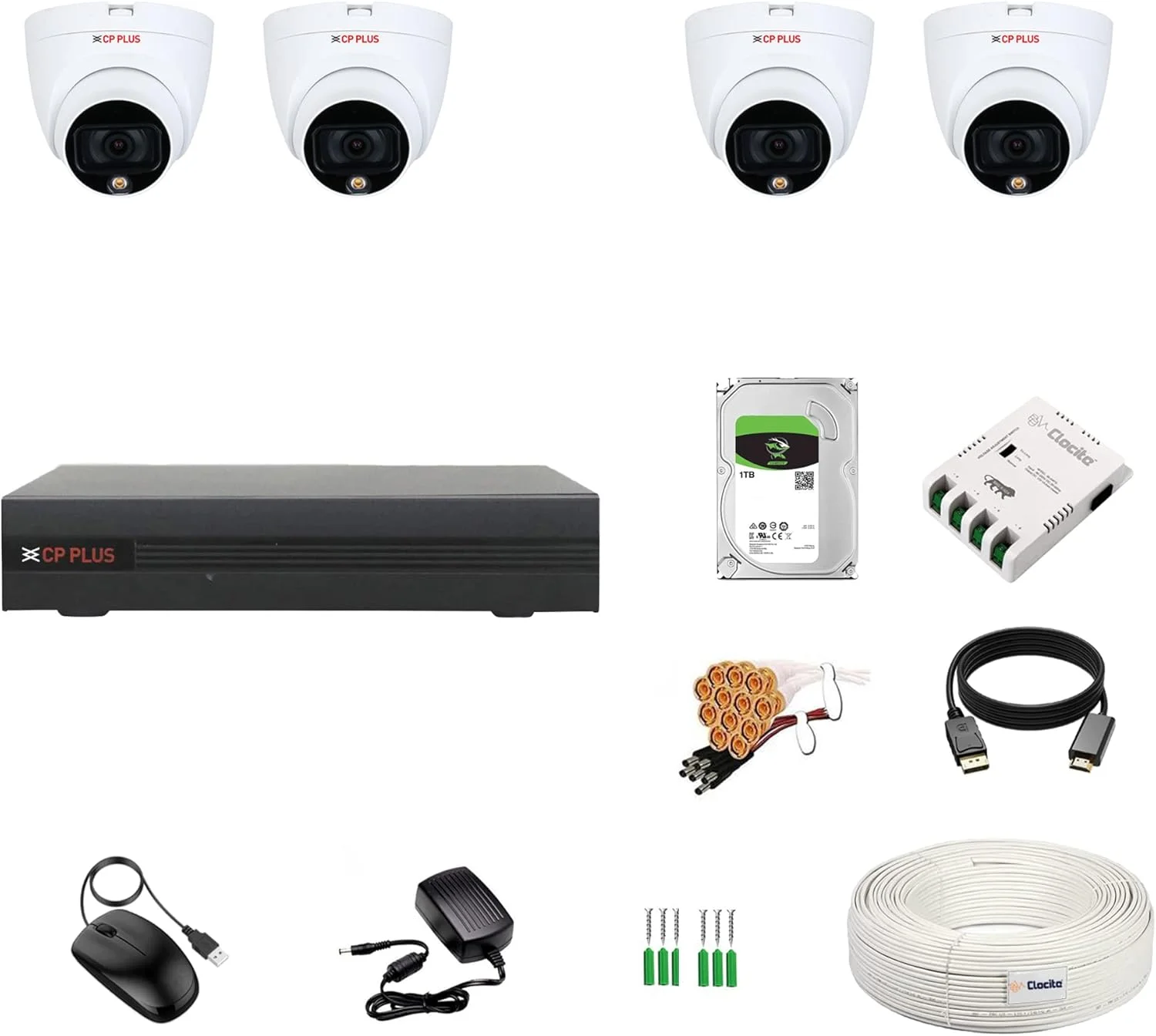 دستگاه ضبط دیجیتال 4 کانال Clocite CP Plus + 4 دوربین دام 5 مگاپیکسلی (Guard+) با تصویربرداری رنگی 24/7 (دید رنگی روز/شب) + هارد دیسک 1 ترابایتی + کابل مسی (1+3) + منبع تغذیه 4 کانال + کیت کامل اتصالات BNC و DC
