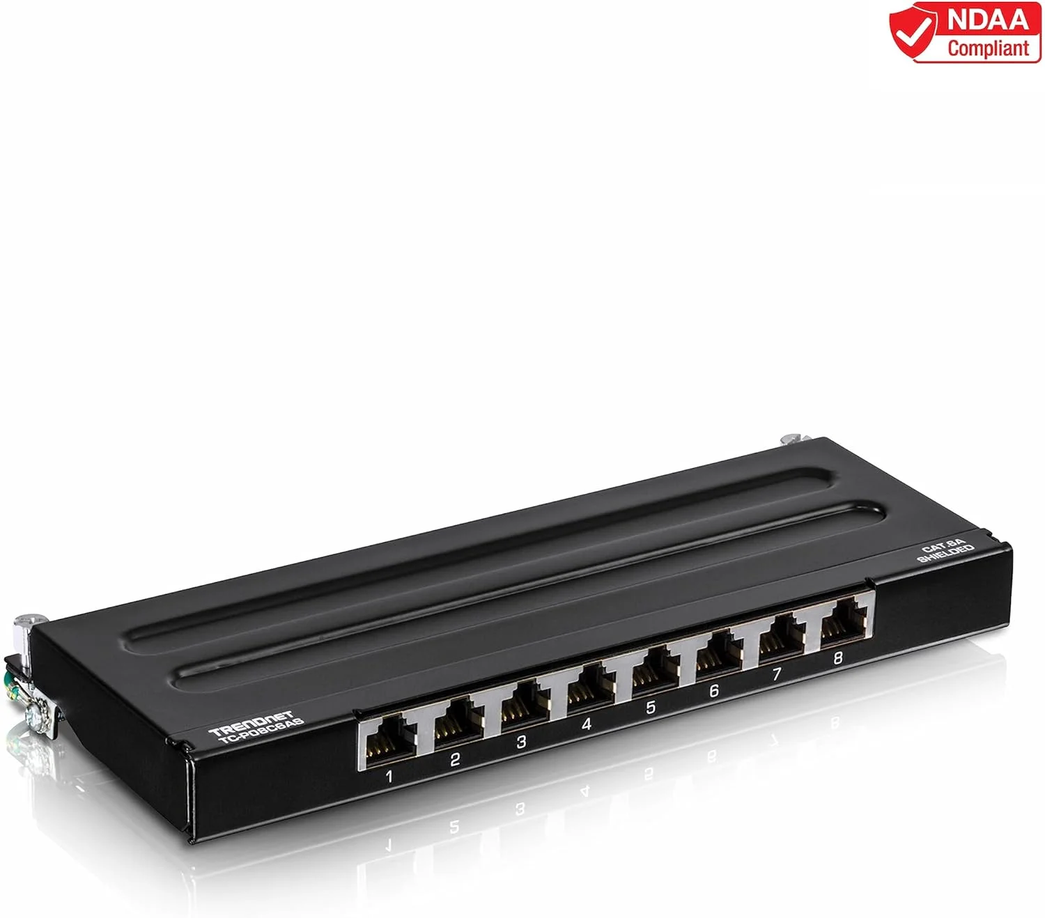 پنل پچ 8 پورت Cat6A شیلددار TRENDnet، آماده نصب روی دیوار، آماده برای 10G، سازگار با Cat5e، Cat6، Cat6A، بدنه فلزی، برچسب رنگی برای سیم کشی T568A و T568B، مدیریت کابل، مشکی، TC-P08C6AS