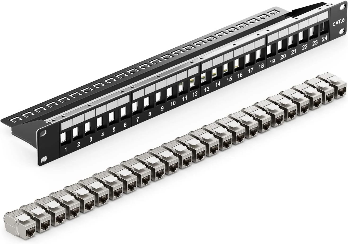 پچ پنل ماژولار 24 پورت Cat6A 1U (19 اینچ) کانکتور کابل شبکه شیلددار RJ45، بدون تاخیر، انتقال پایدار، سازگار با CAT5، CAT6، CAT7