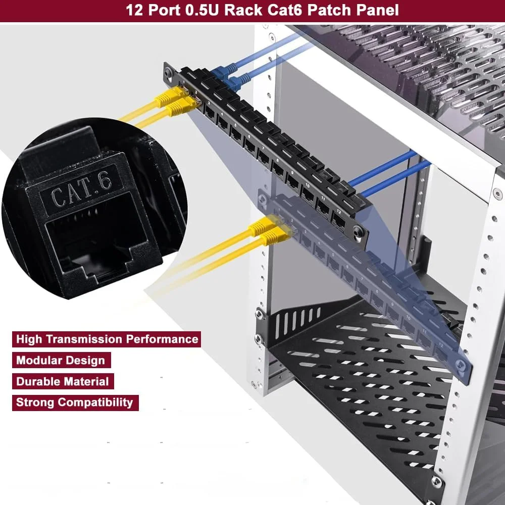 پچ پنل Cat6 رک 12 پورت 0.5U، قاب مدیریت کابل دوشاخه مستقیم پورت کابل شبکه Rj45 Pro، انتقال پایدار با سرعت بالا برای رک مونت T1، رک سرور 10 اینچی، کابینت شبکه و غیره