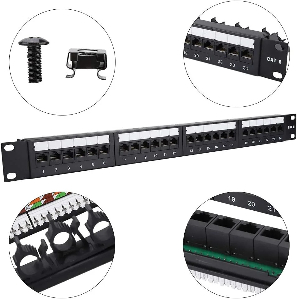 پنل پچ 24 پورت Cat5E، پنل پچ داده قابل نصب 24 پورت با روکش طلا، رک کابل پرسرعت CAT6 CAT-6، برای سیم کشی جریان ضعیف و ساخت اتاق ماشین