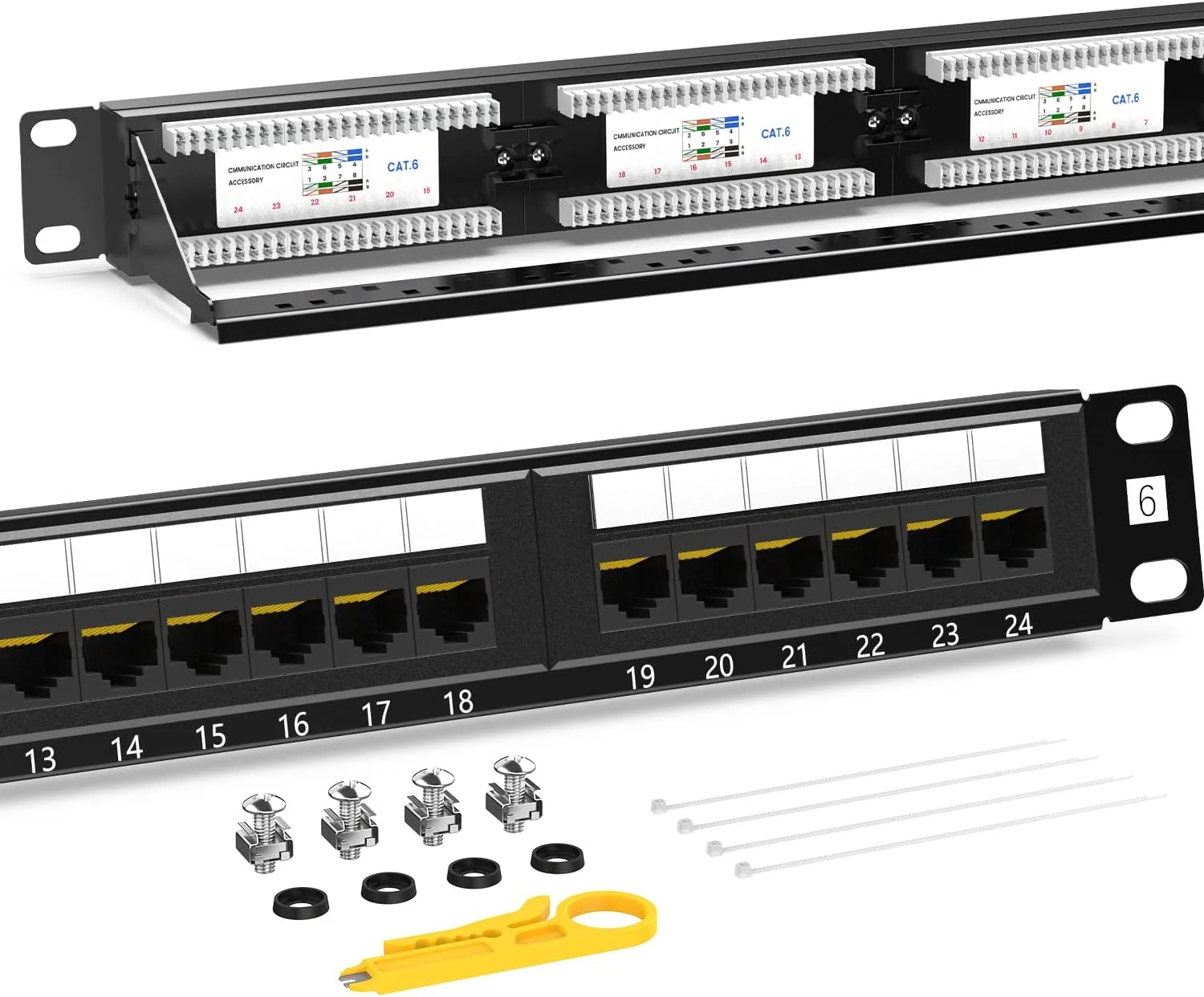 پنل پچ AMPCOM سری Premium CAT6 با 24 پورت، قابل نصب در رک - 1U، 19 اینچ، RJ45 اترنت 568A 568B، روکش طلای 15u، با میله پشتیبانی کابل در پشت