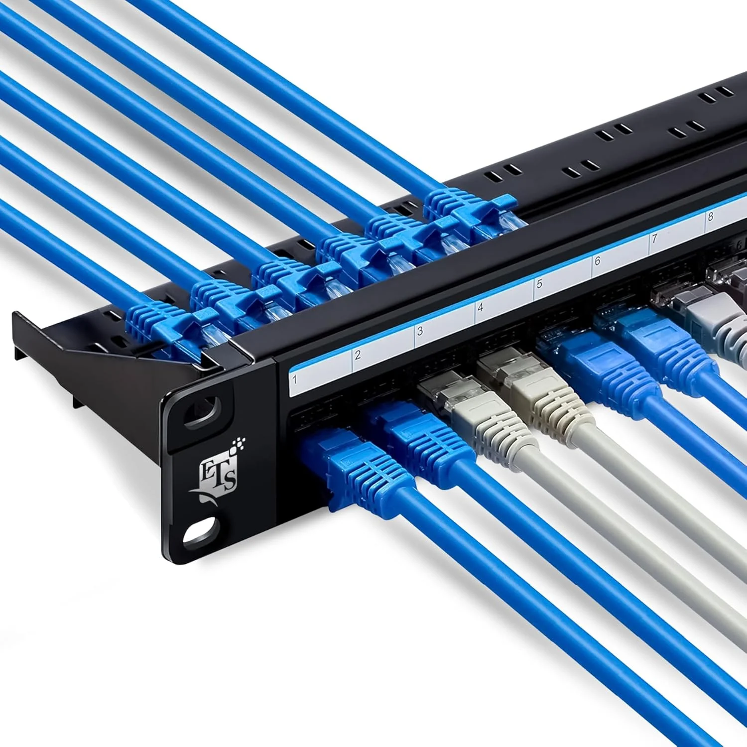 پنل پچ 24 پورت CAT6 ETS با کوپلر عبوری و میله پشتی، سازگار با Cat5، Cat5e، Cat6، Cat6A، همراه با کیستون‌های بدون شیلد