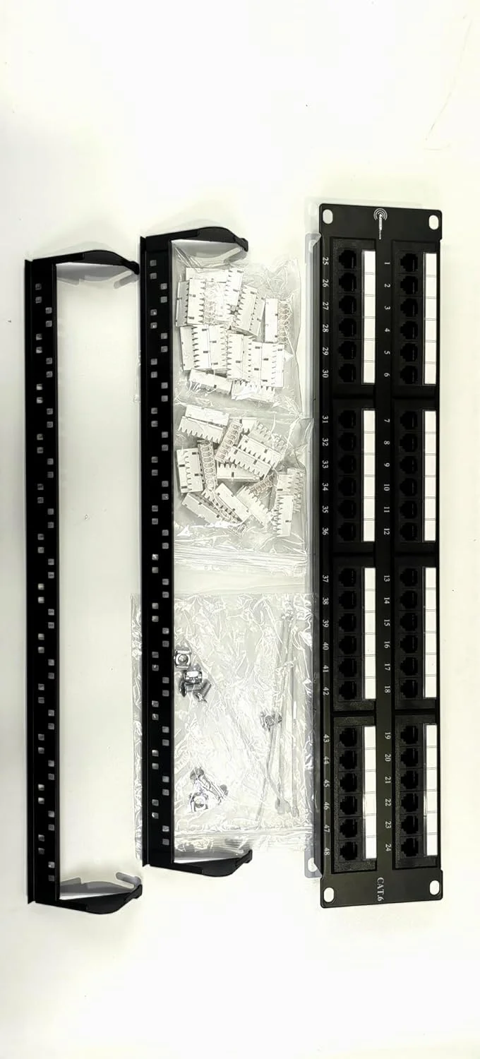 پچ پنل 48 پورت Cat6 با پشتیبانی از 10G، پچ پنل شبکه UTP 19 اینچ، پچ پنل اترنت 2U قابل نصب روی دیوار، بلوک پانچ برای کابل کشی Cat6، Cat5e، Cat5 (48 پورت)