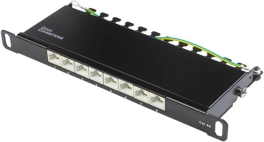 پچ پنل Good Connections® - 10 اینچ - نصب سرور / نصب رک - Cat. 6A، 500 مگاهرتز - سازگار با 10 گیگابیت - 8 پورت - 0.5U - محافظ STP - باز شدن بدون ابزار - مشکی عمیق (RAL9005)