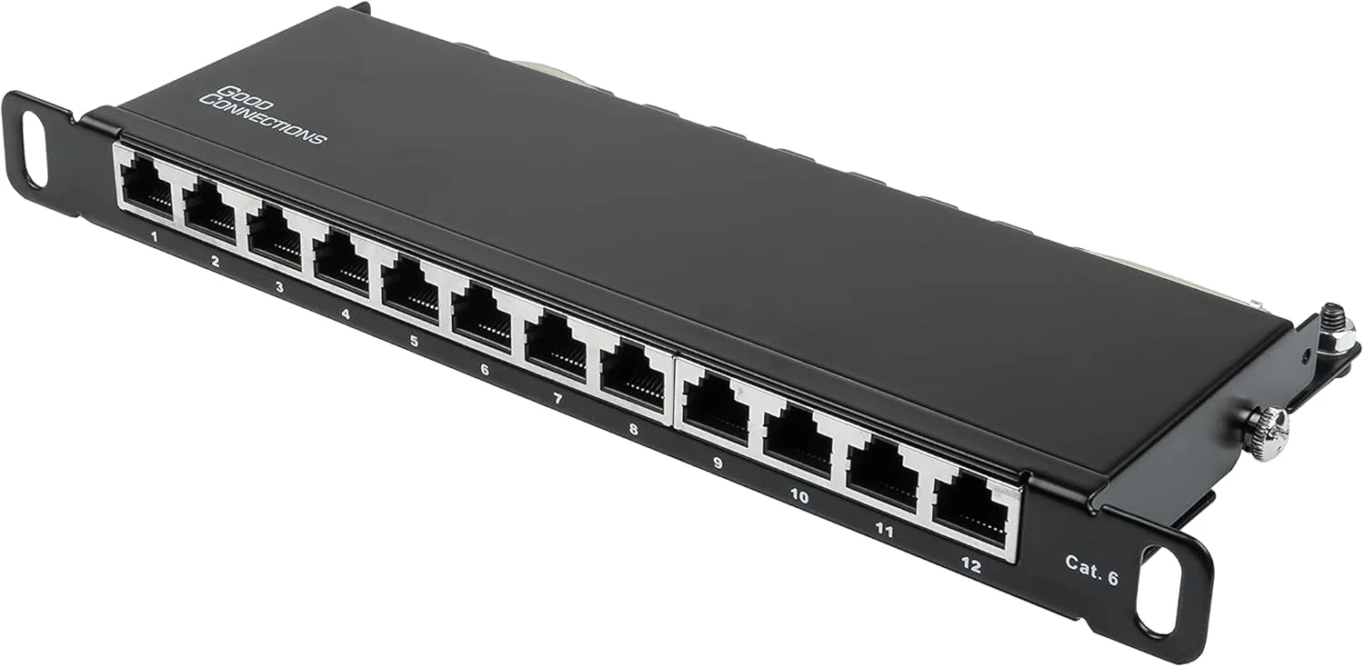 پنل پچ Good Connections® - 10 اینچ - نصب سرور/نصب رک - Cat. 6, 250 مگاهرتز - قابلیت GIGABIT - 12 پورت - 0.5 U - محافظ STP - باز کردن ابزار - مشکی عمیق (RAL9005)
