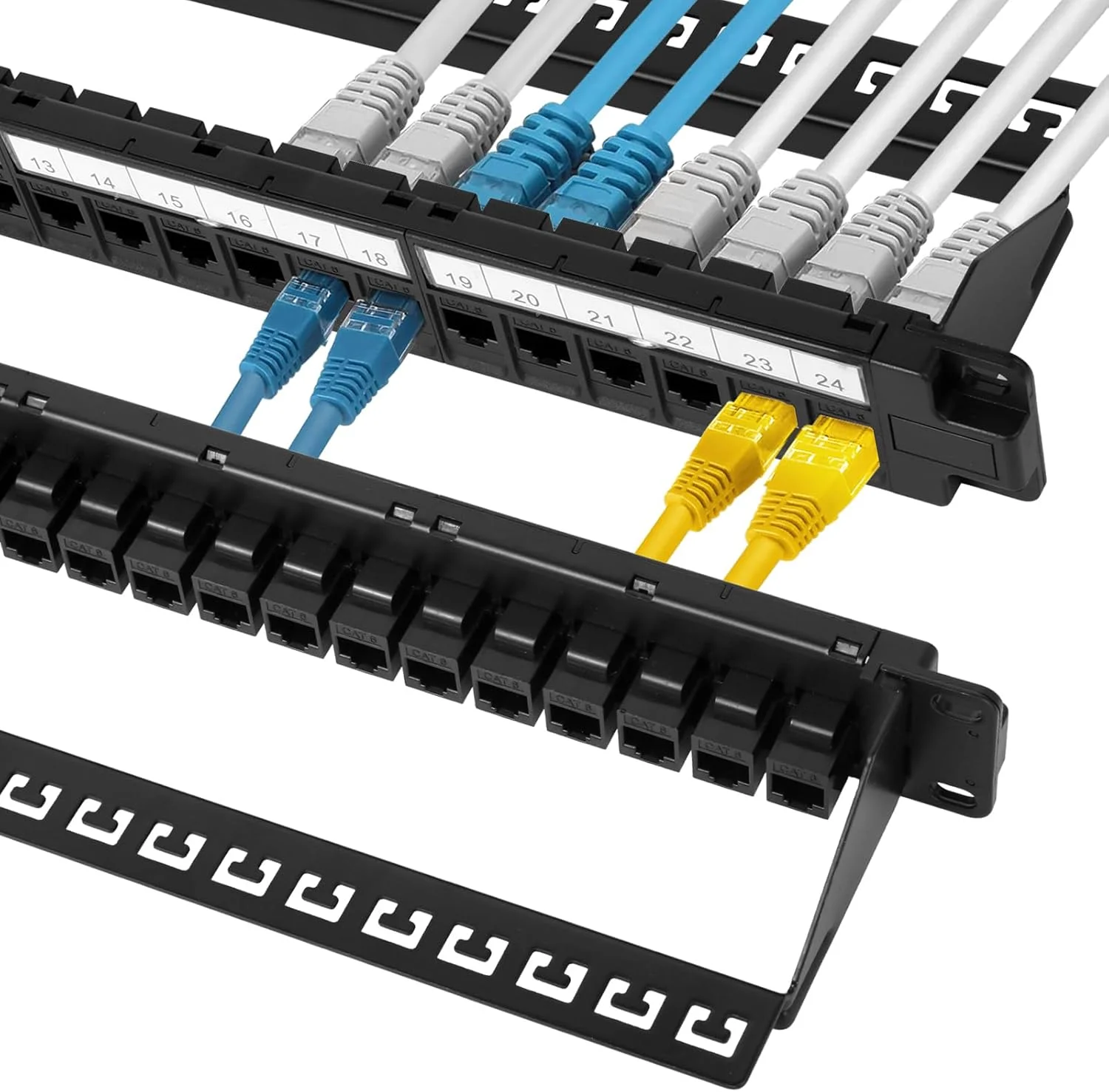 پنل پچ 24 پورت Cat6 - پنل شبکه 1U قابل نصب در رک و آماده برای 10G با کوپلرهای عبوری و جک های کیستون | سازگار با Cat6/Cat5e/Cat5 | بک بار جداشدنی 19 اینچی، بسته 2 عددی